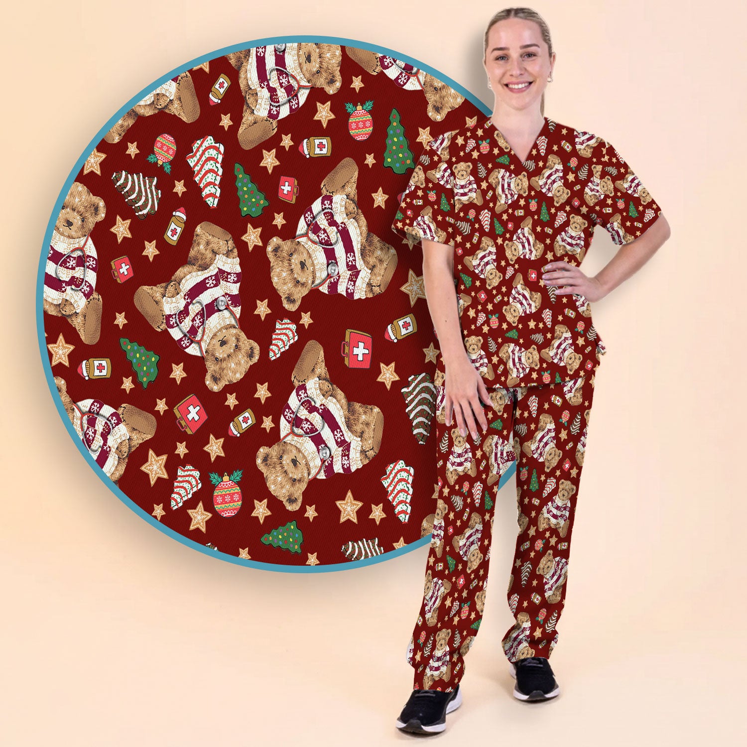 Teddy Bear Christmas Scrub Set - Festive Scrubs Pants and V Neck Top for Women - Gift for Nurses RN CNA LPN