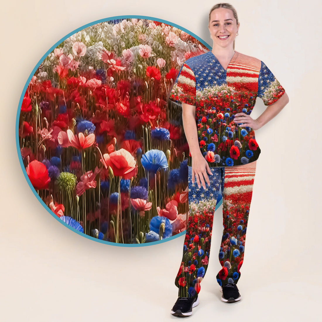 Festive Nurse American Flag Wildflower Field Scrub Set, Scrub Pants and V Neck Top