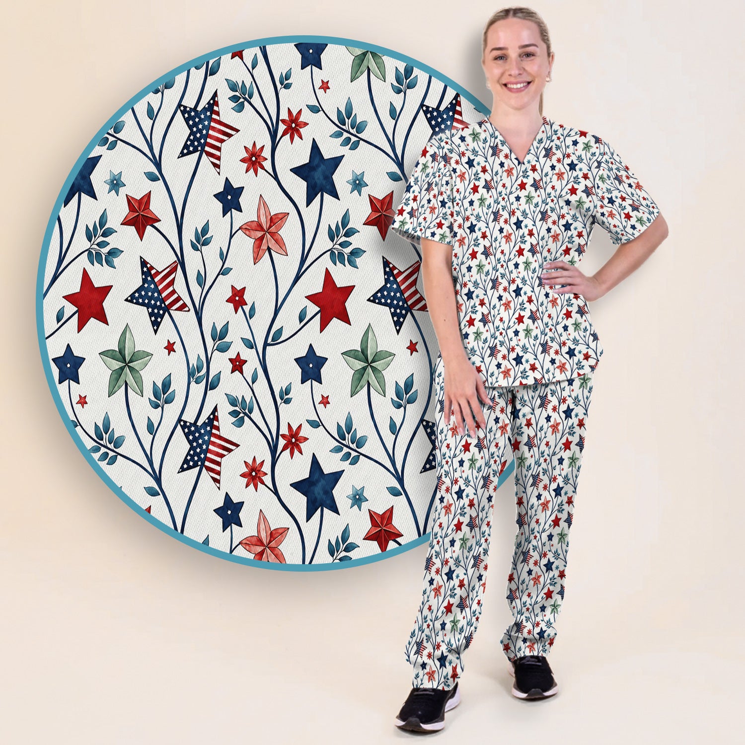 Patriotic Star Vine Floral Print Scrub Set, Scrub Pants and V Neck Top