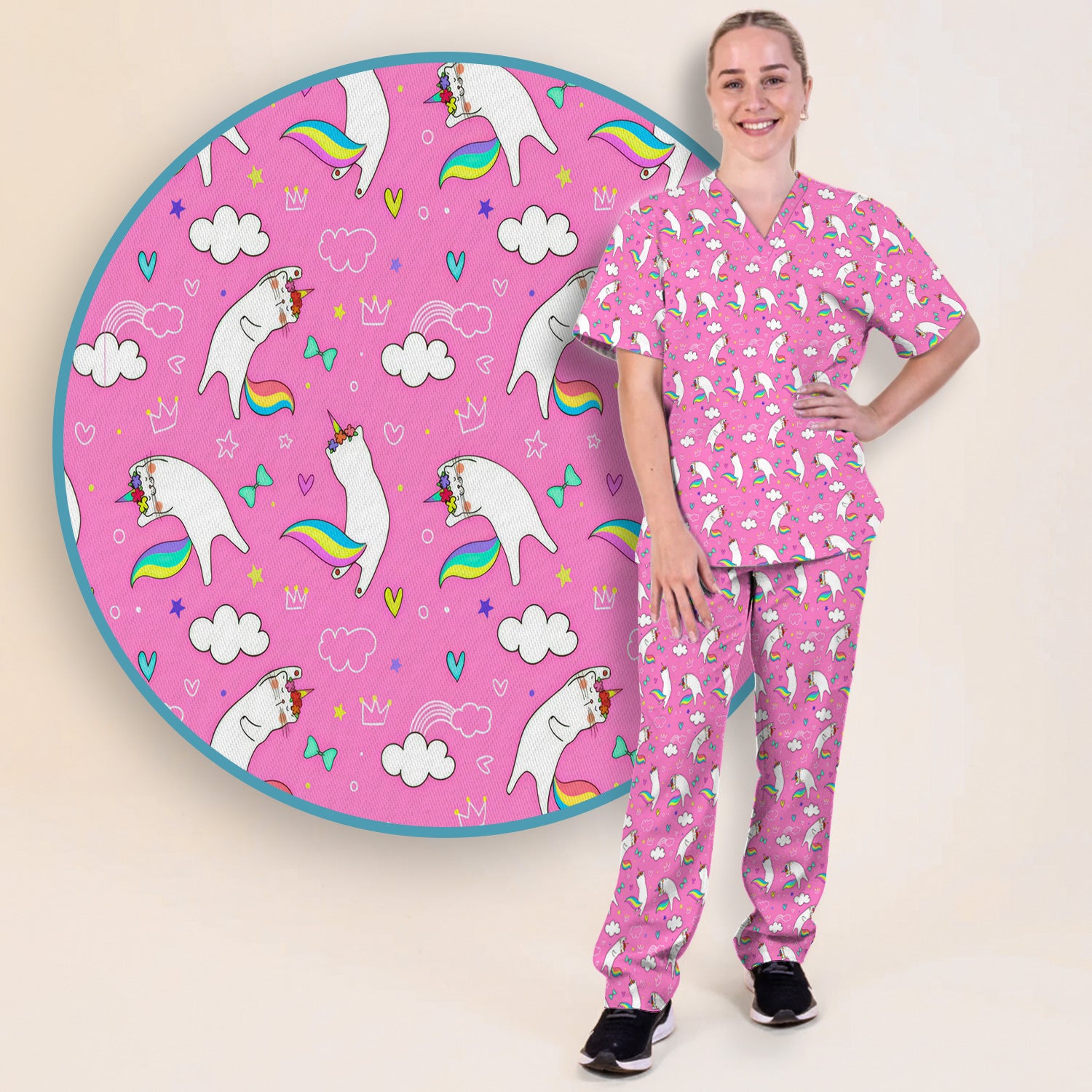 Unicorn Cat With Rainbow Tail Clouds Scrub Set, Scrub Pants and V Neck Top