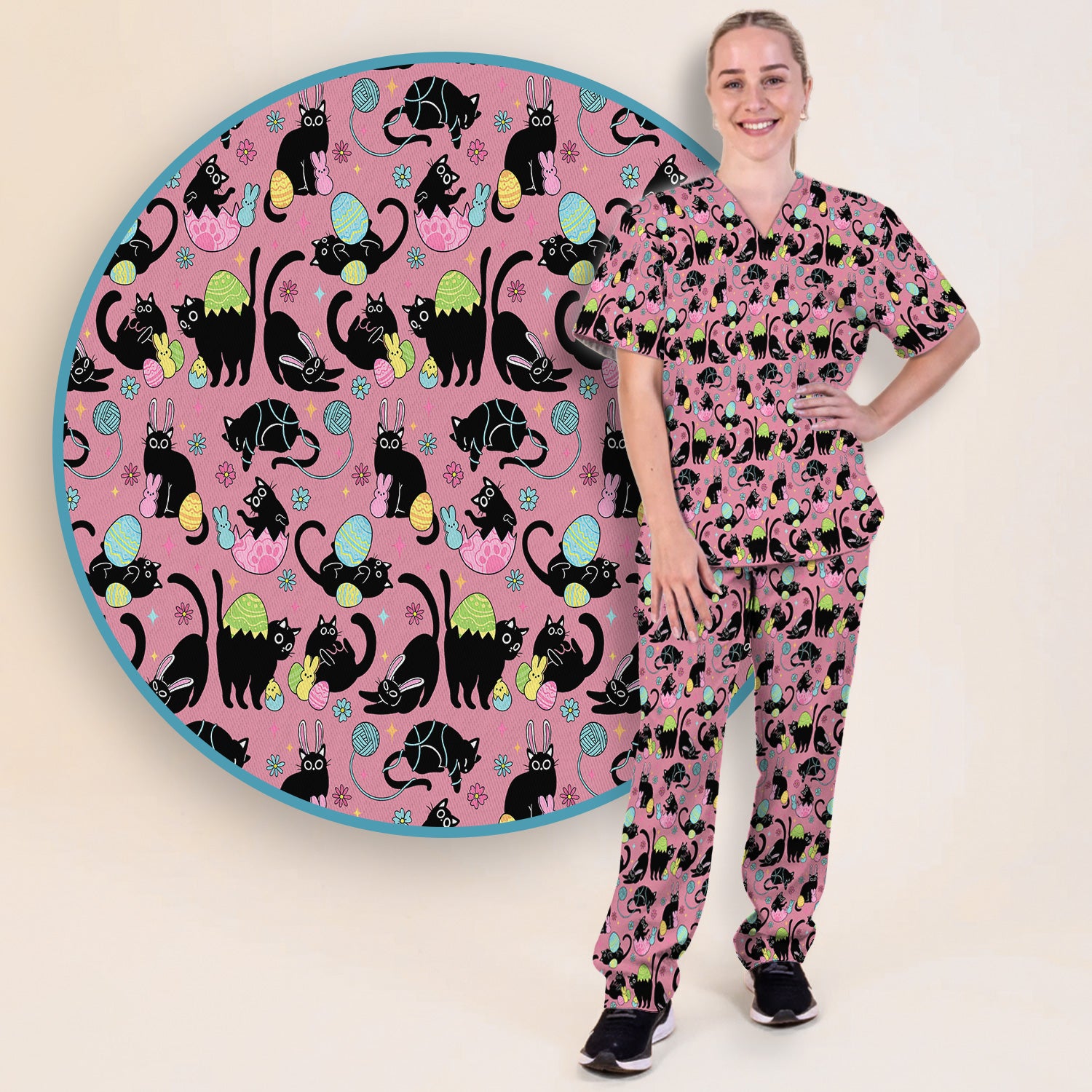 Funny Easter Black Cat Egg Pattern Scrub Set, Scrub Pants and V Neck Top