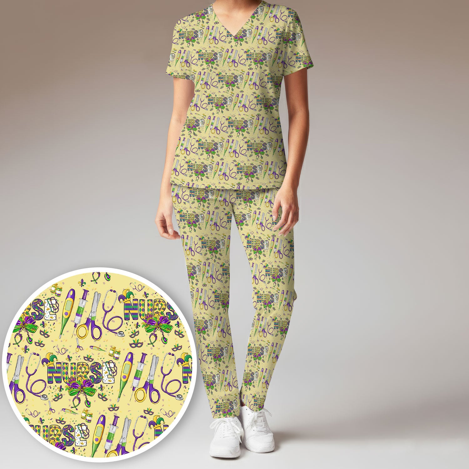Mardi Gras Nurse Scrub Set, Holiday Medical Pattern Nurse Shirt, Breathable Fabrics Nursing Uniform