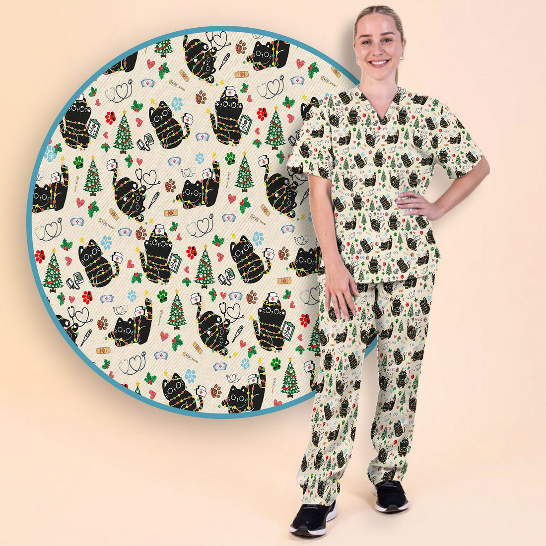 Funny Black Cat Christmas Scrub Set – Cute Holiday Kitty Pattern – Festive Medical Uniform for Nurses, Vets, and Cat Lovers