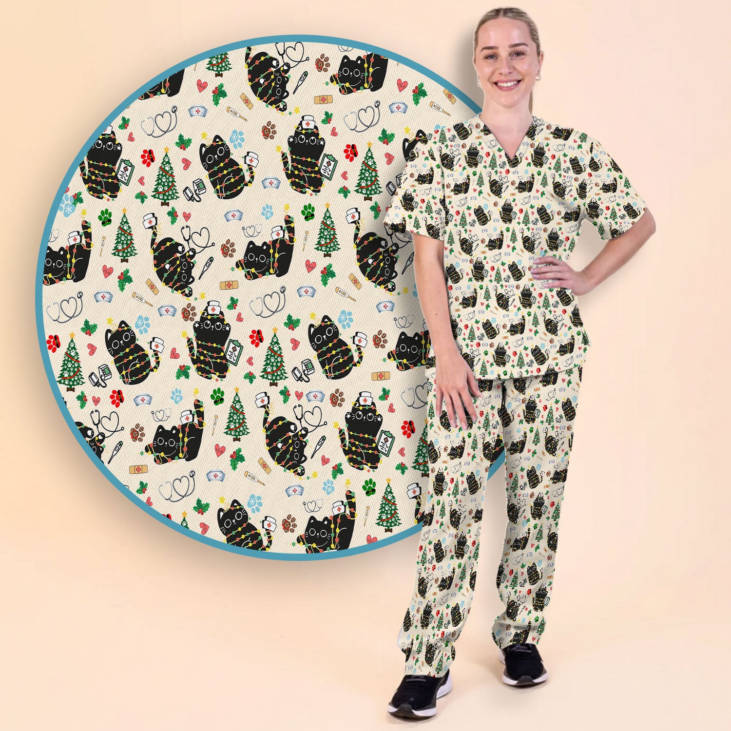 Funny Black Cat Christmas Scrub Set – Cute Holiday Kitty Pattern – Festive Medical Uniform for Nurses, Vets, and Cat Lovers