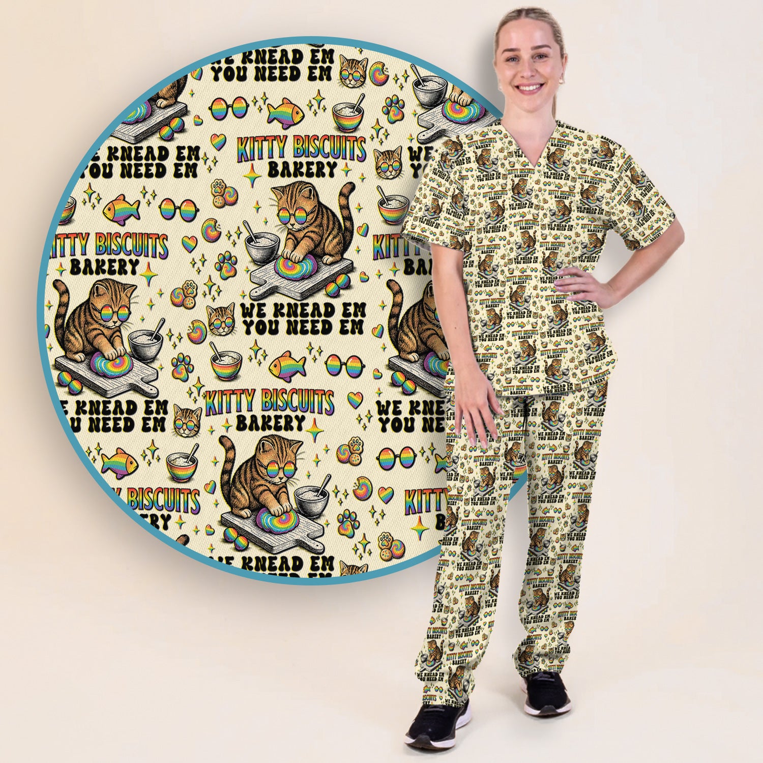 Pride Nurse Cat Baking Rainbow Dough Pattern Scrub Set, Women's Scrub Sets