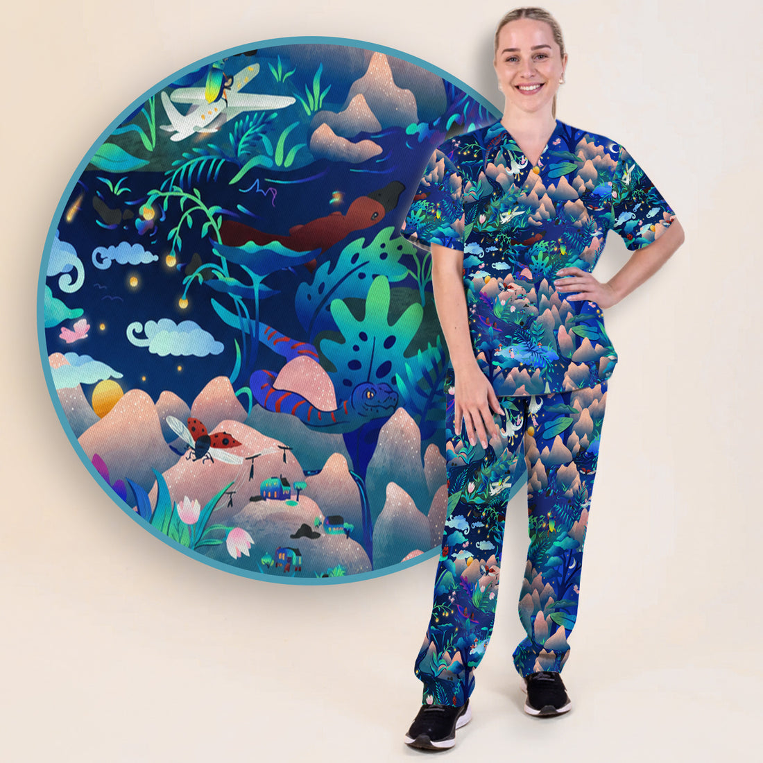 Whimsical Mountain Bug Print Scrub Set, Scrub Pants and V Neck Top