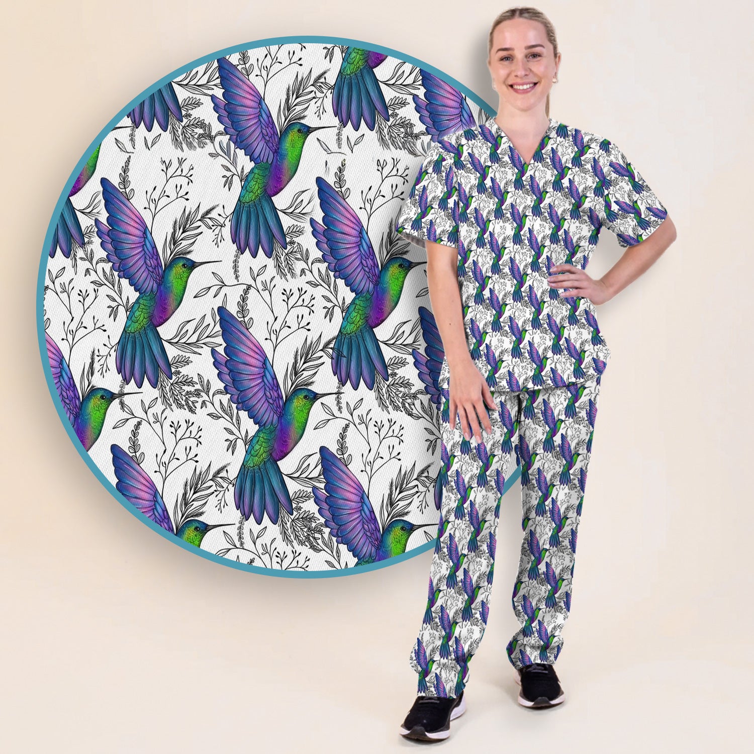 Colorful Hummingbird Flying Botanical Pattern Scrub Set, Scrub Pants and V Neck Top
