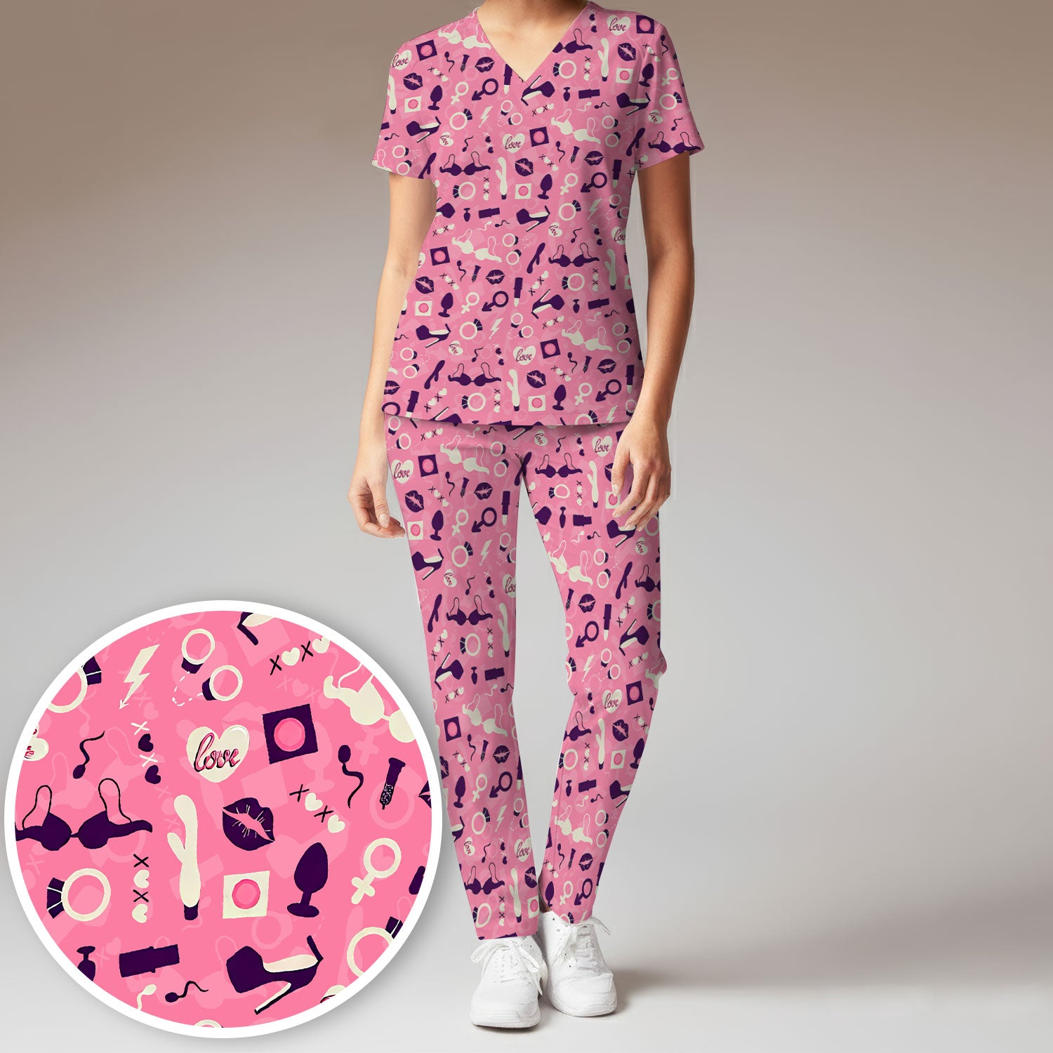 Valentine Pattern Nurse Scrub Set, Pink Love Nurse Shirt, Breathable Fabrics Nursing Uniform
