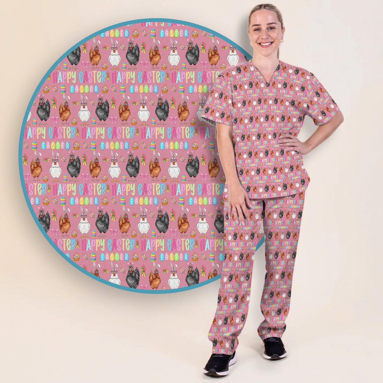 Happy Easter Bunny Eggs Pattern Scrub Sets, Scrub Pants and V Neck Top