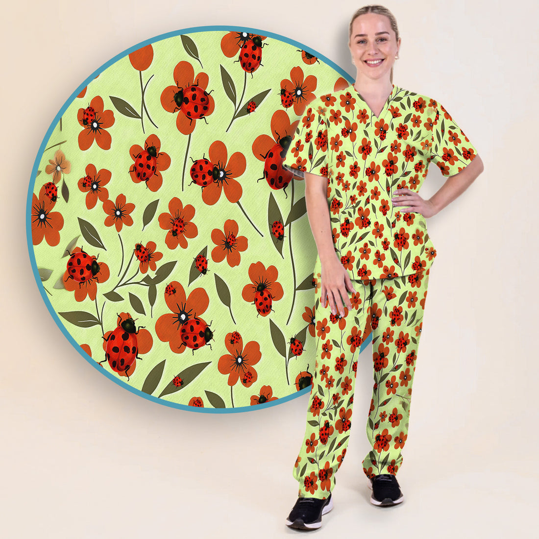 Ladybug on Orange Floral Garden Pattern Scrub Set, Breathable Med Uniform