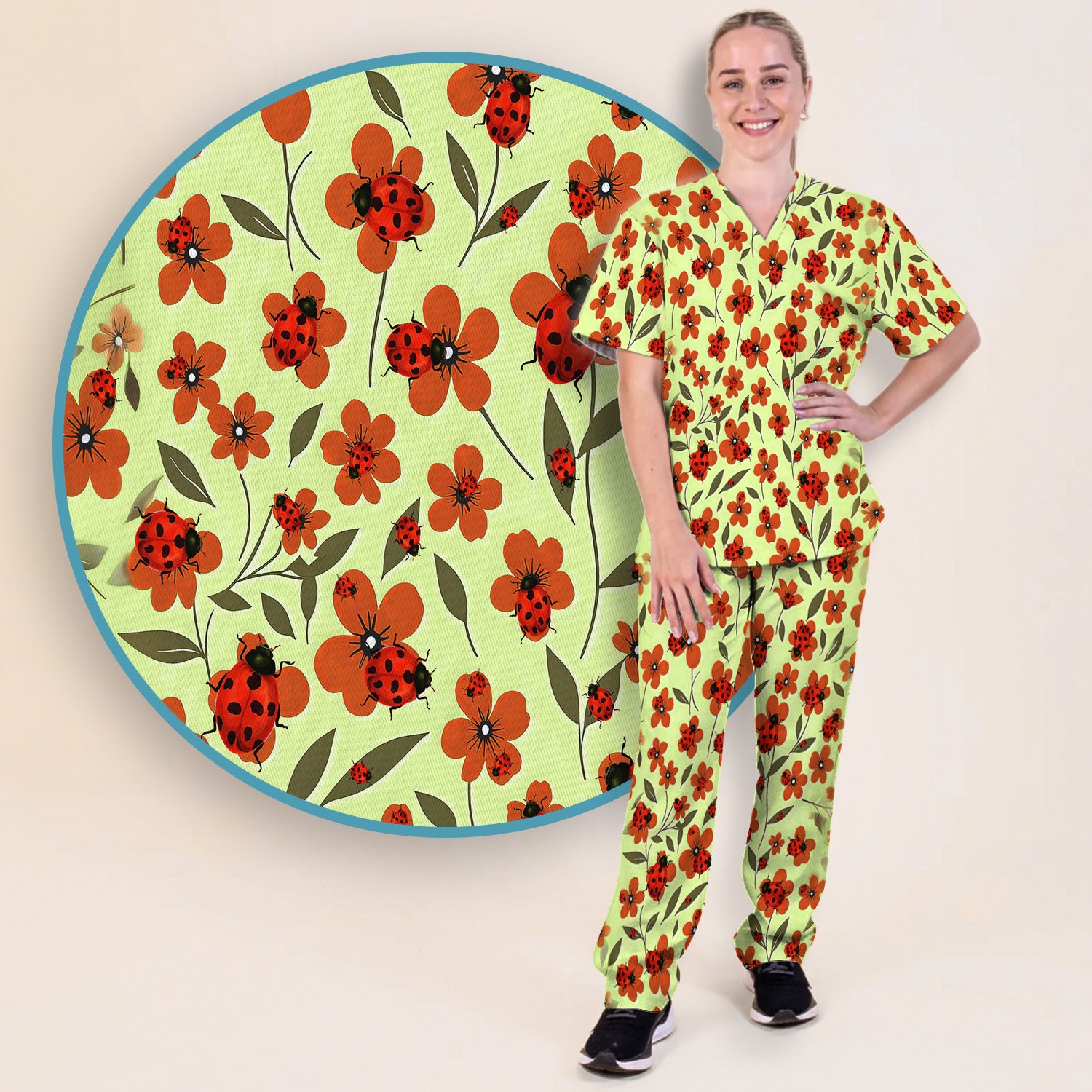 Ladybug on Orange Floral Garden Pattern Scrub Set, Breathable Med Uniform