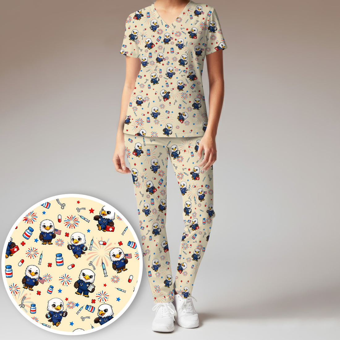 Patriotic Nurse Eagle Fireworks Medical Pattern Scrub Set, Women's Scrub Sets