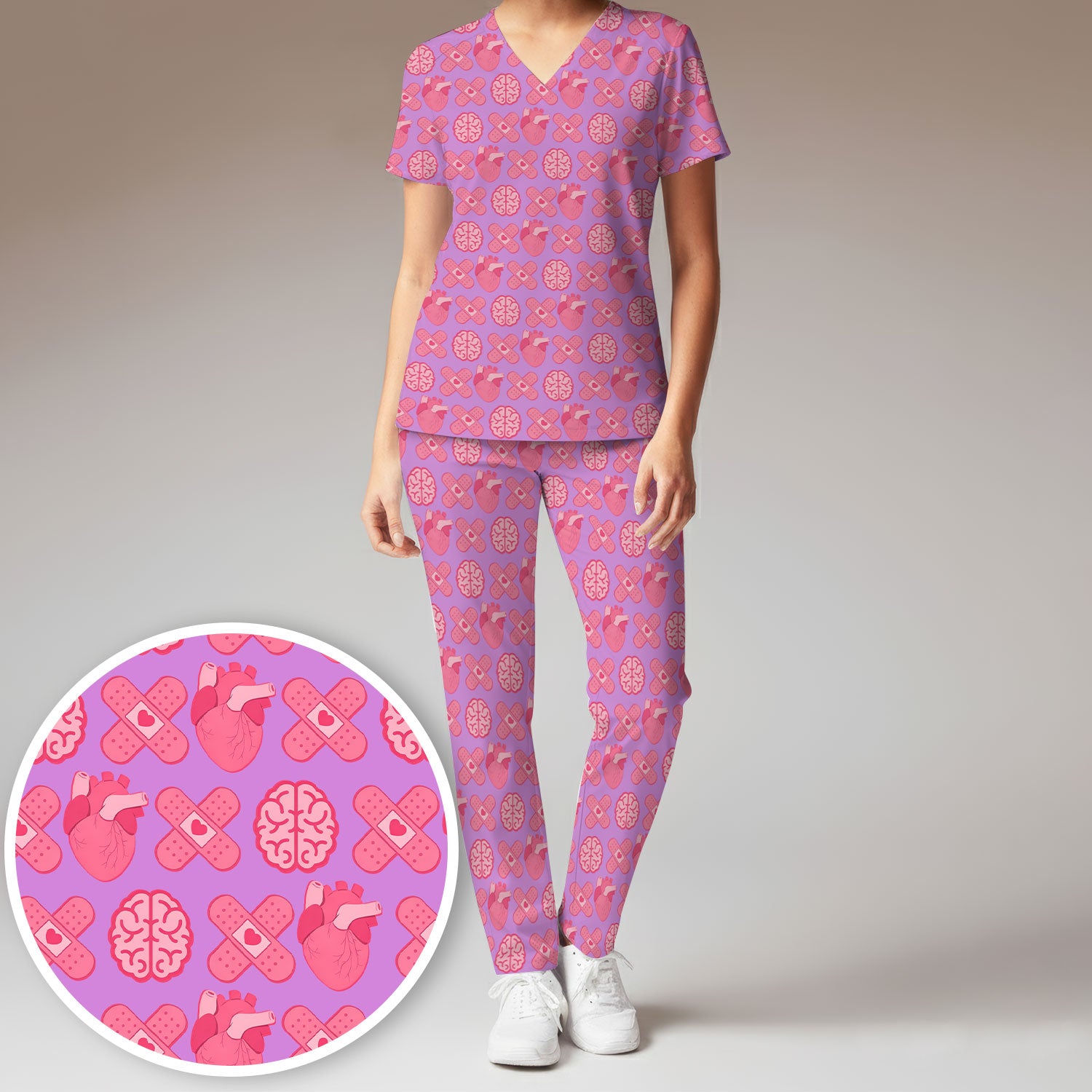 Heart & Brain Medical Icon Pattern Scrub Set, Scrub Pants and V Neck Top