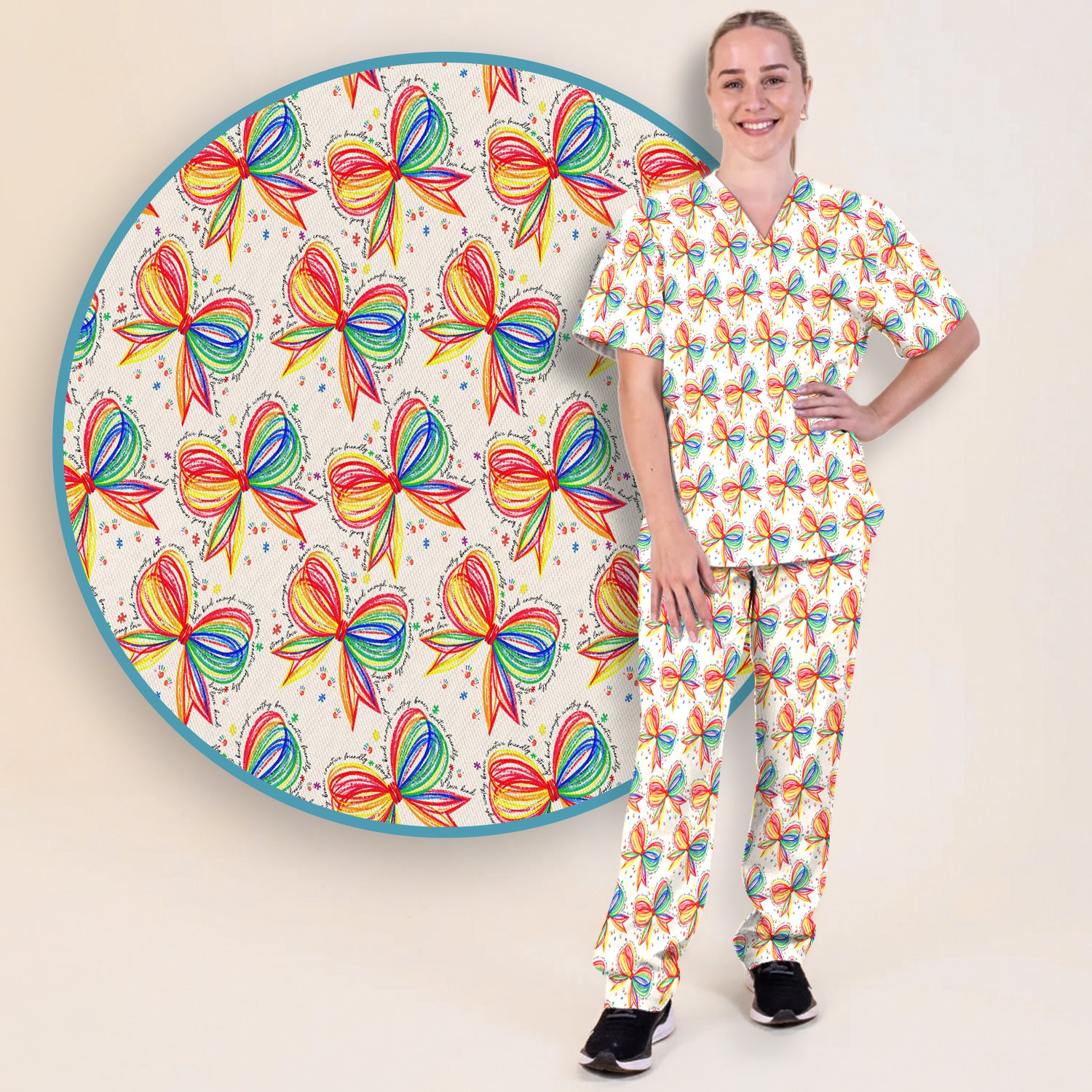 Colorful Rainbow Bow Pattern Scrub Set, Scrub Pants and V Neck Top