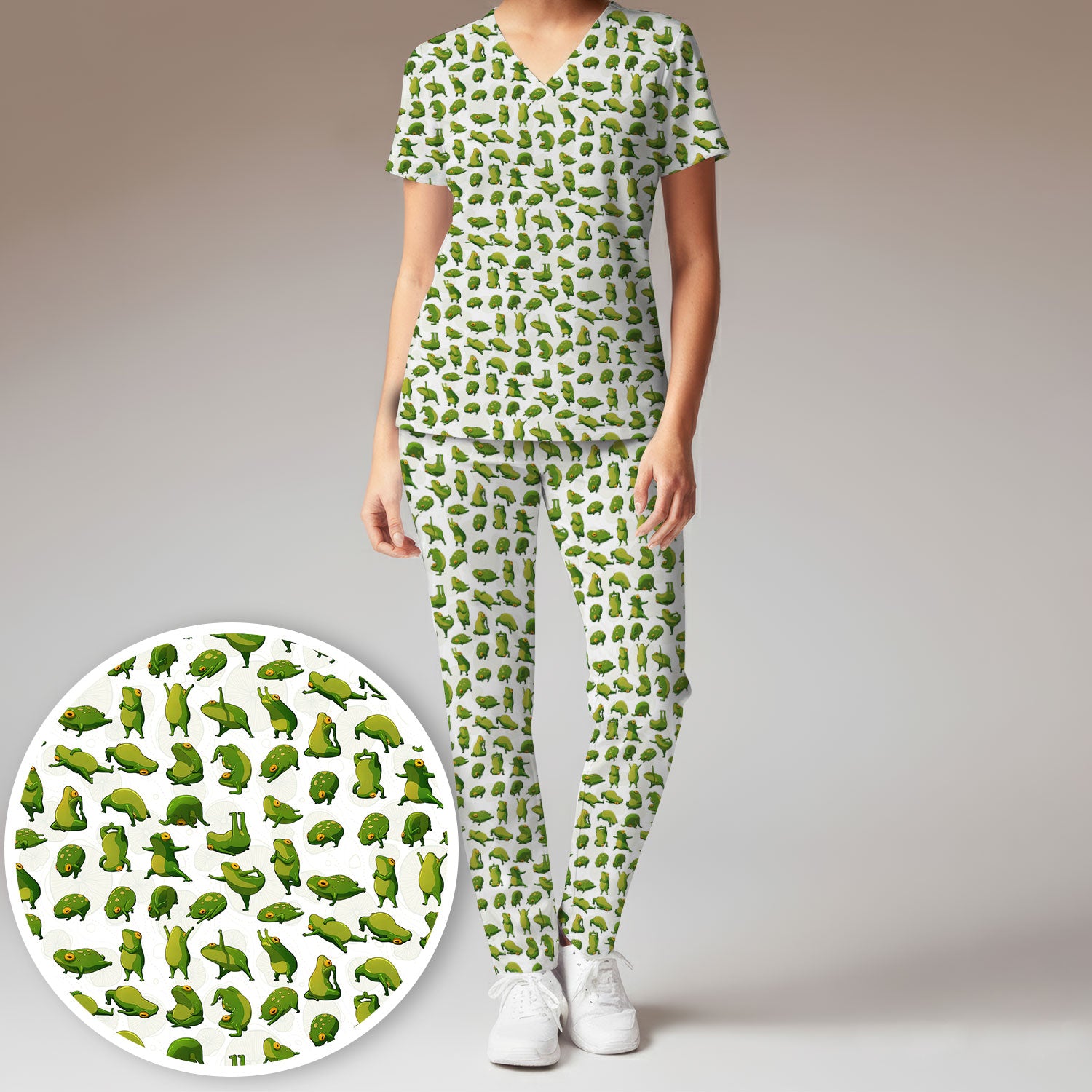 Cute Frog Cartoon Pattern Scrub Set, Breathable Med Uniform