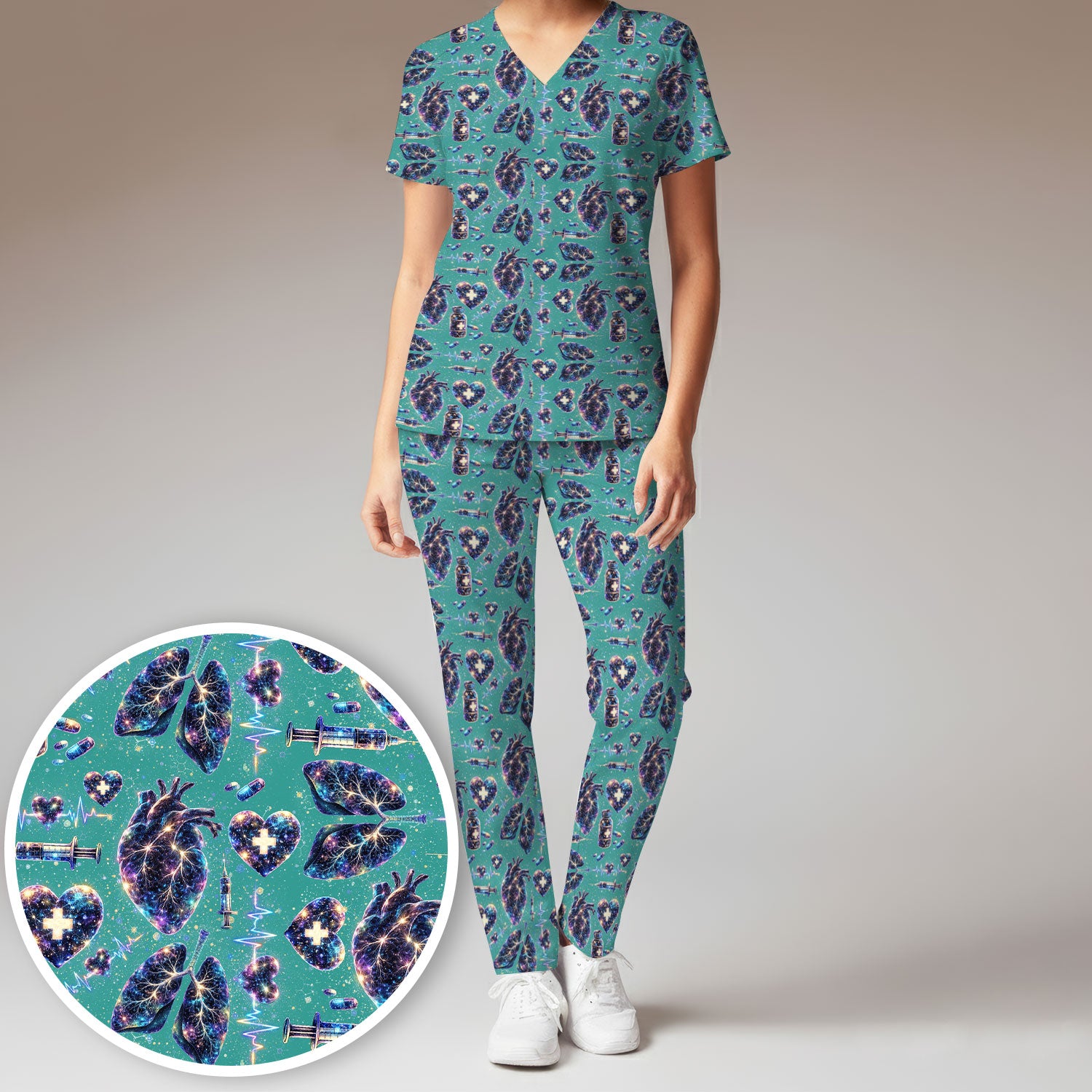 Galaxy Anatomical Heart Lung Syringe Print Scrub Set, Breathable Med Uniform