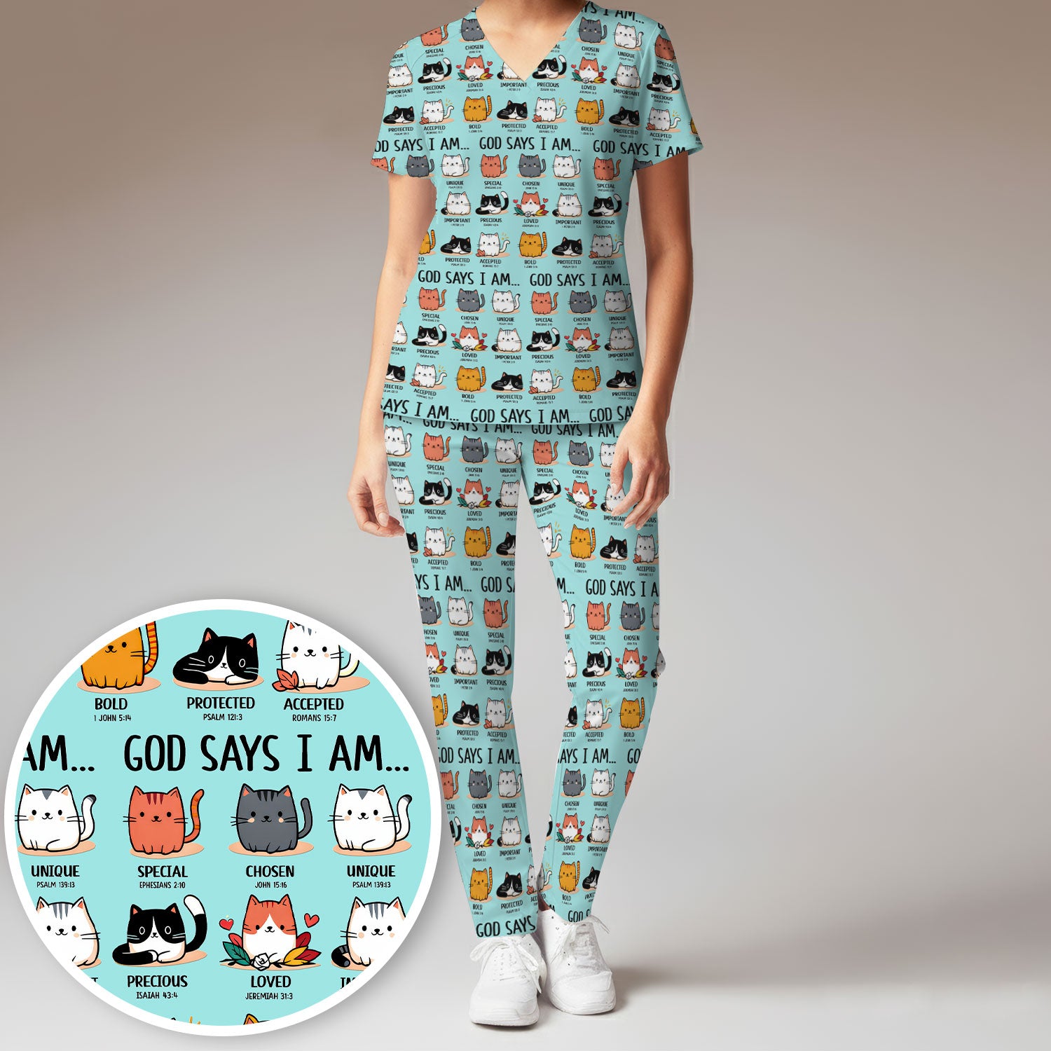 Cute Christian Cat God Says I Am Women's Scrub Set, Breathable Med Uniform