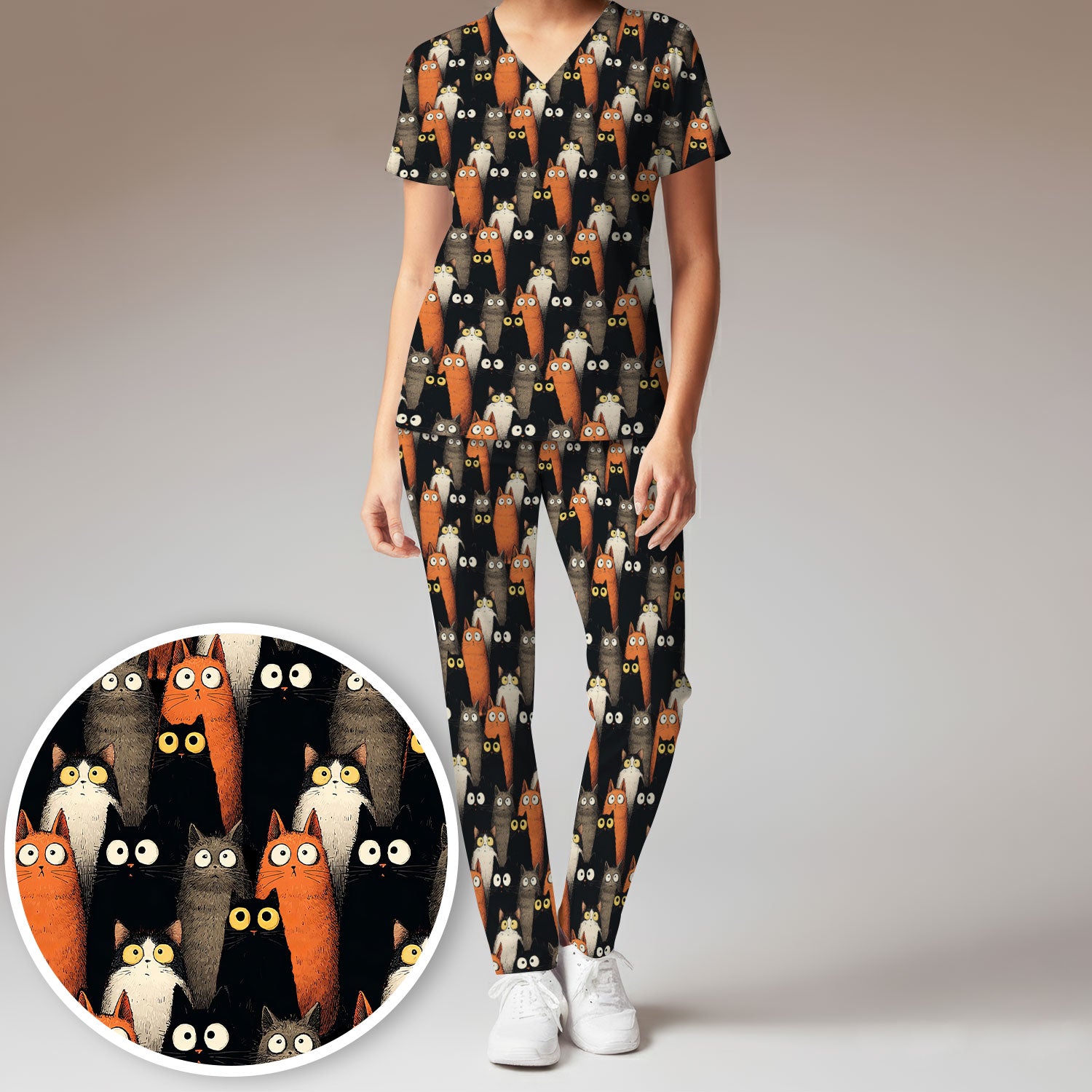 Black Cat Pattern Nurse Scrub Set, Cat Lover Nurse Shirt, Breathable Fabrics Nursing Uniform