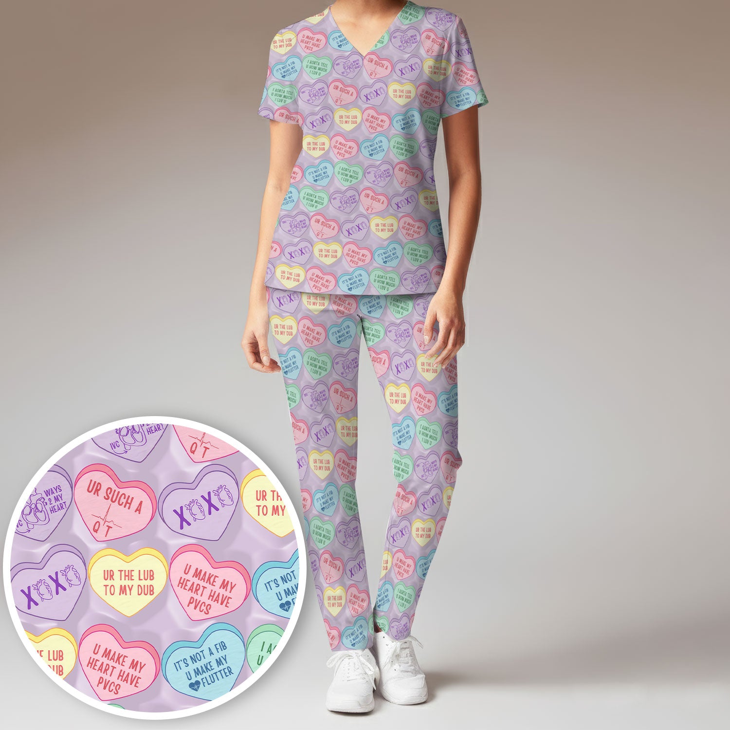 Medical Candy Heart Valentine Pattern Women’s Scrub Sets, Fun Medical Pattern, Breathable Med Uniform