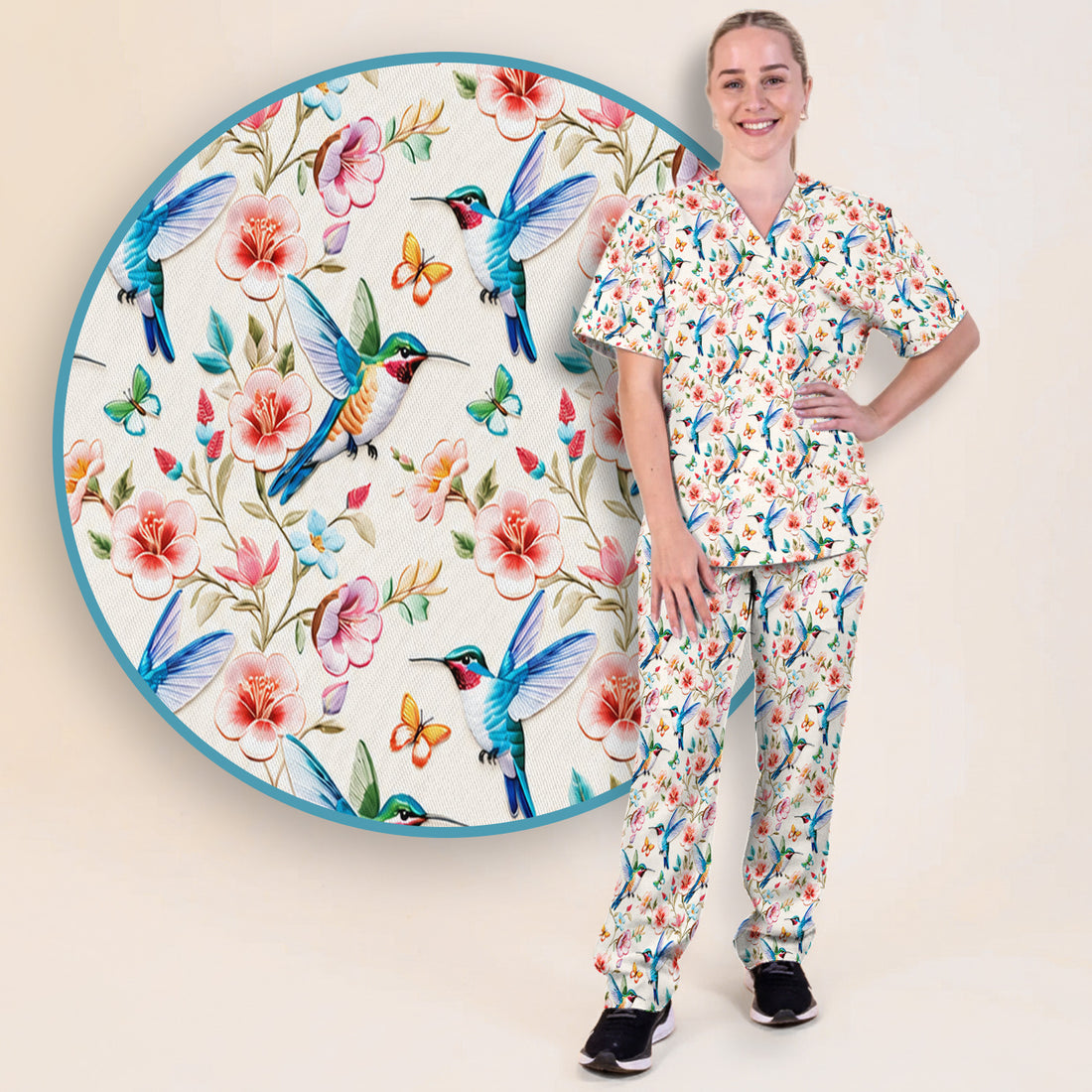 Hummingbird Blossom Butterfly Pattern Scrub Set, Scrub Pants and V Neck Top