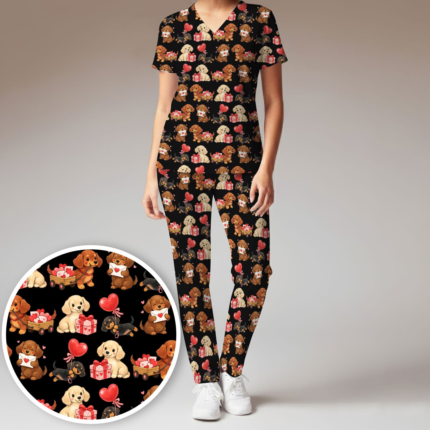 Cute Dachshund Nurse Scrub Set For Nurses, Wiener Dog Pattern Nurse Shirt, Breathable Fabrics Nursing Uniform