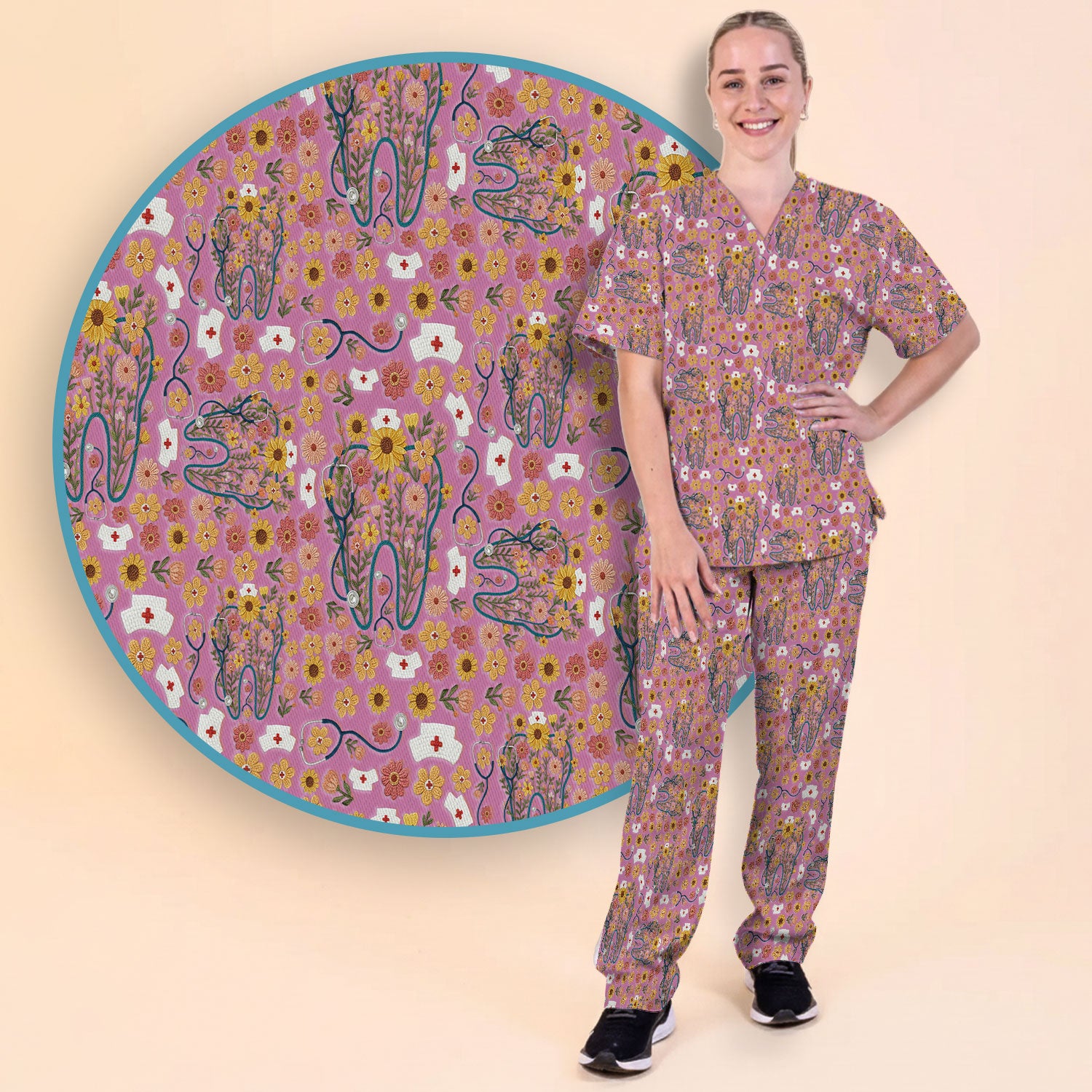 Boho Floral Tooth Scrub Set - Aesthetic Dental Scrubs Pants and V Neck - Cute Flower Tooth Medical Uniform - Hygienist Christmas Gift