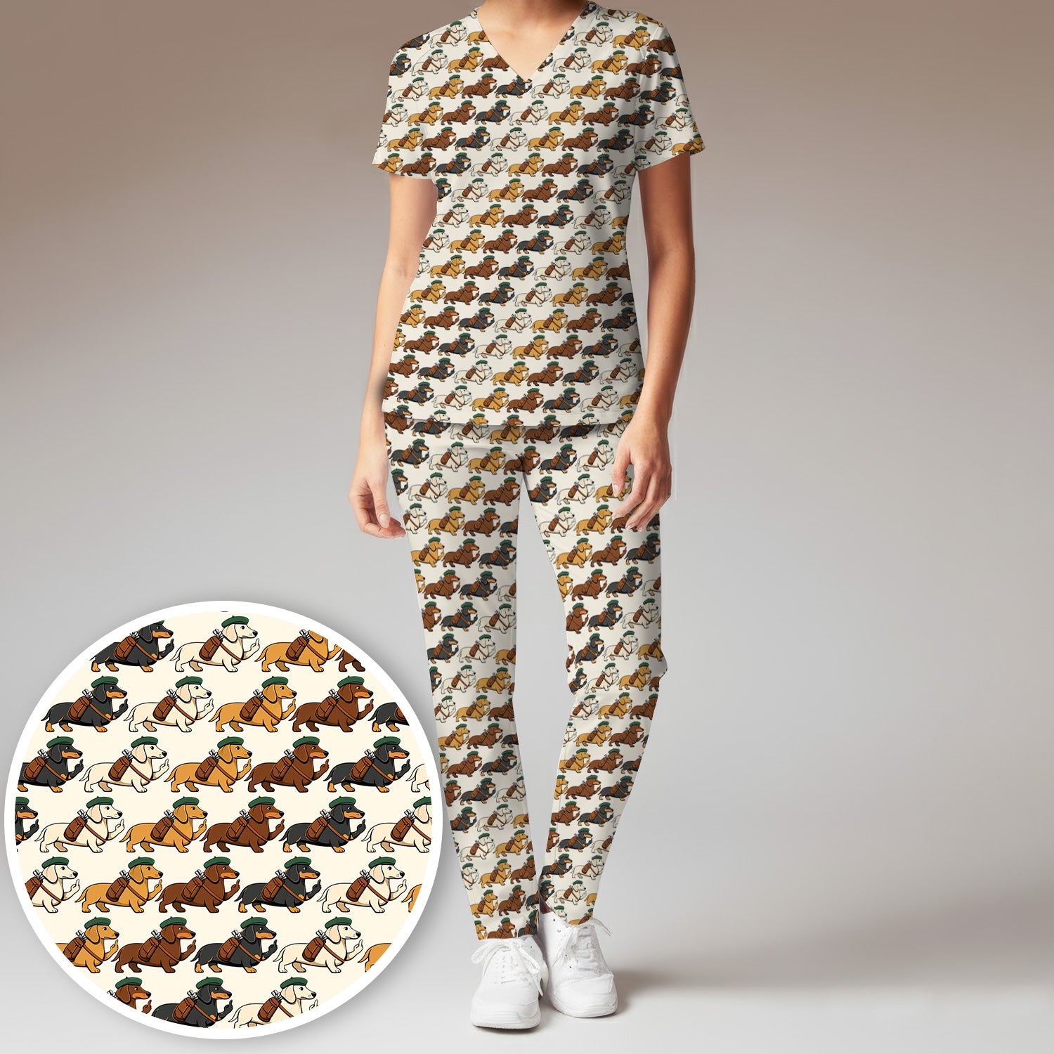 Cartoon Dachshund Dog Wearing Hat And Backpack Pattern Scrub Set, Scrub Pants and V Neck Top