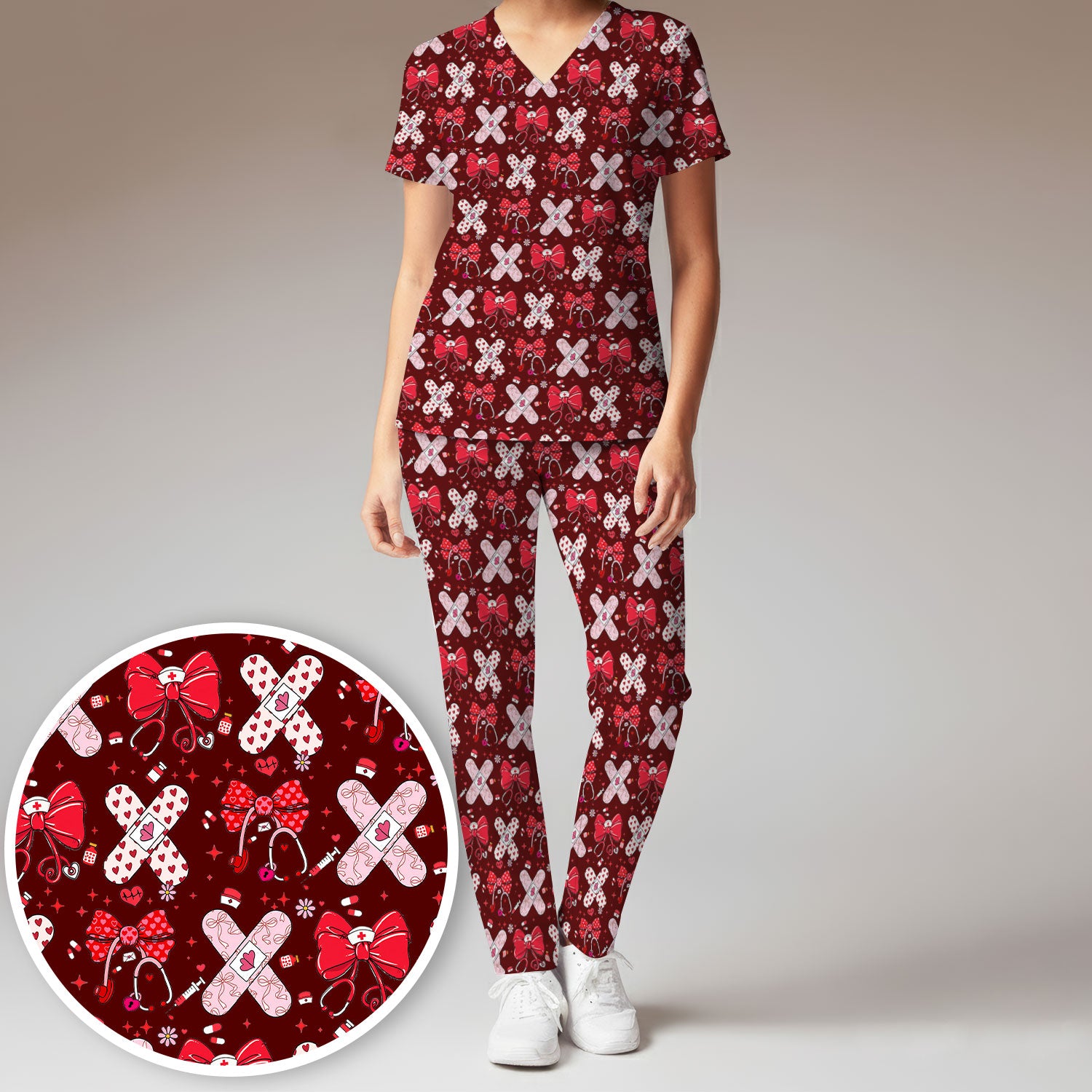 Valentine Nurse Scrub Set, Red Bow And Heart Bandage Pattern Medical Shirt, Breathable Fabrics Nursing Uniform
