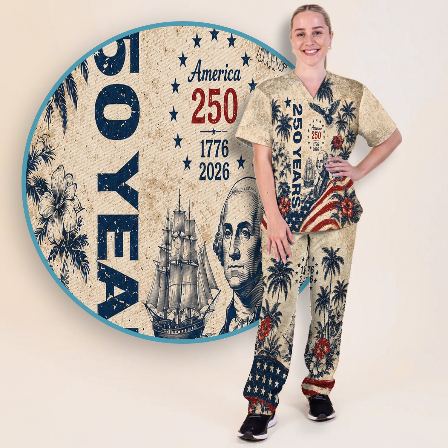 America 250 Freedom Print Scrub Set, Scrub Pants and V Neck Top