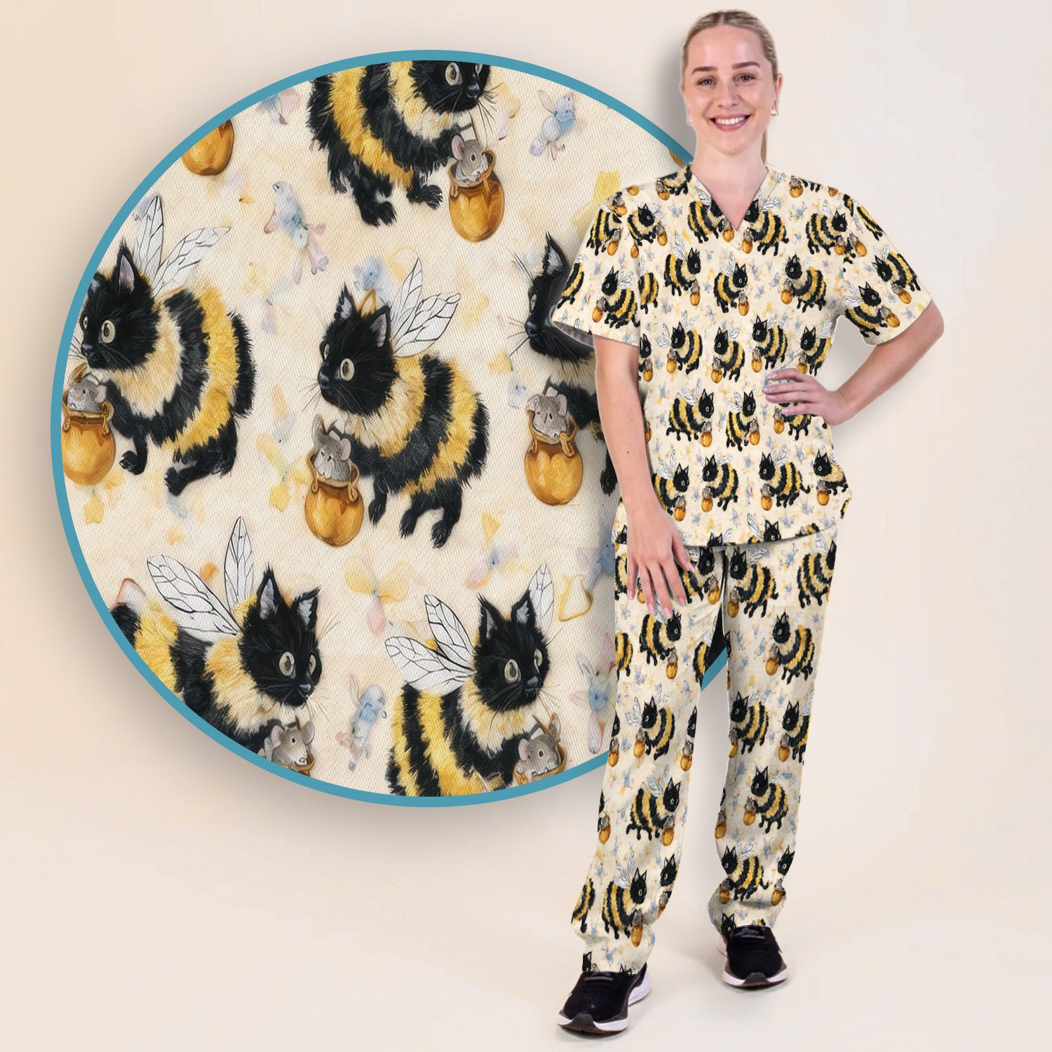 Adorable Nurse Bumblebee Cat Honey Jar Winged Pattern Scrub Set, Scrub Pants and V Neck Top