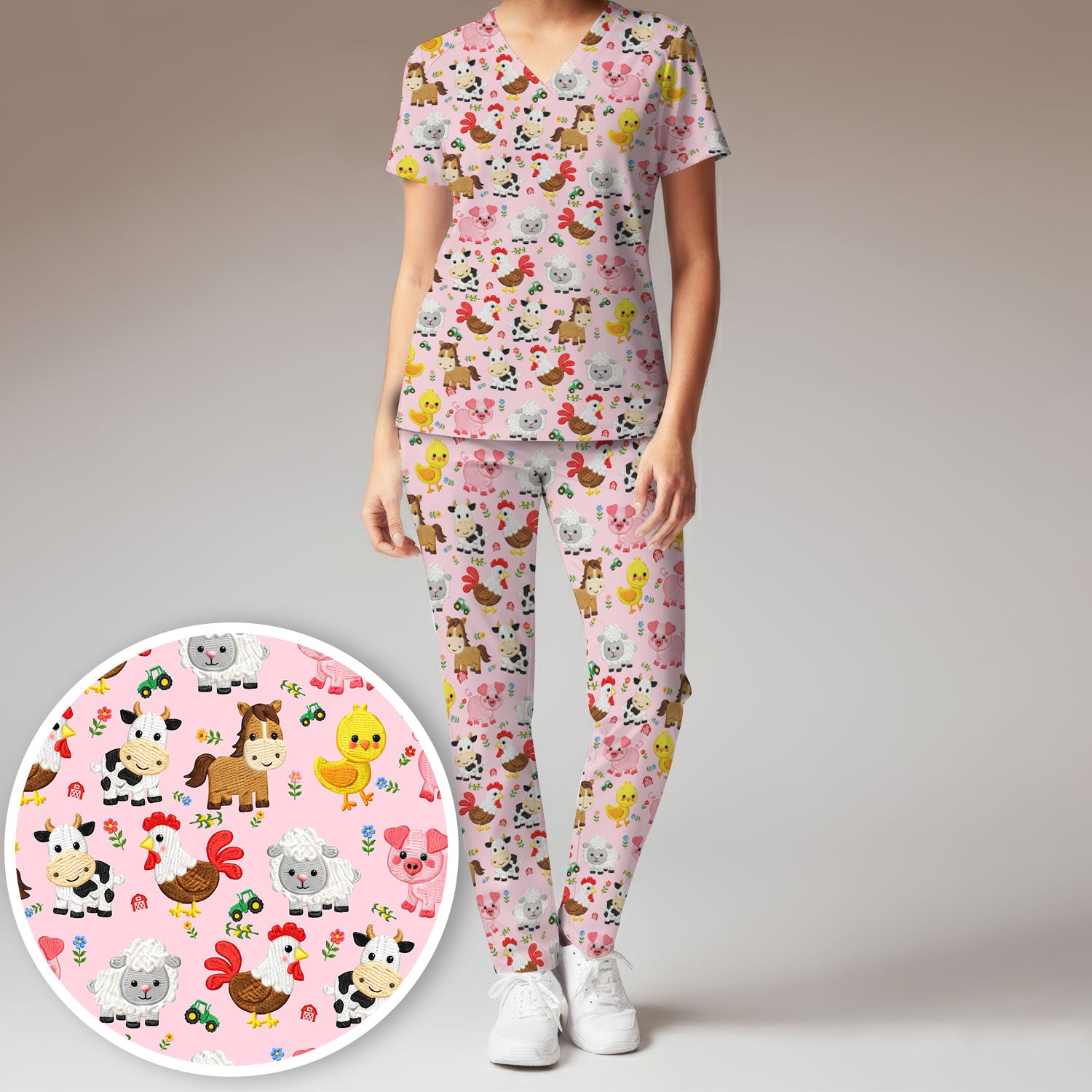 Cartoon Farm Animal Pattern Scrub Set, Breathable Med Uniform