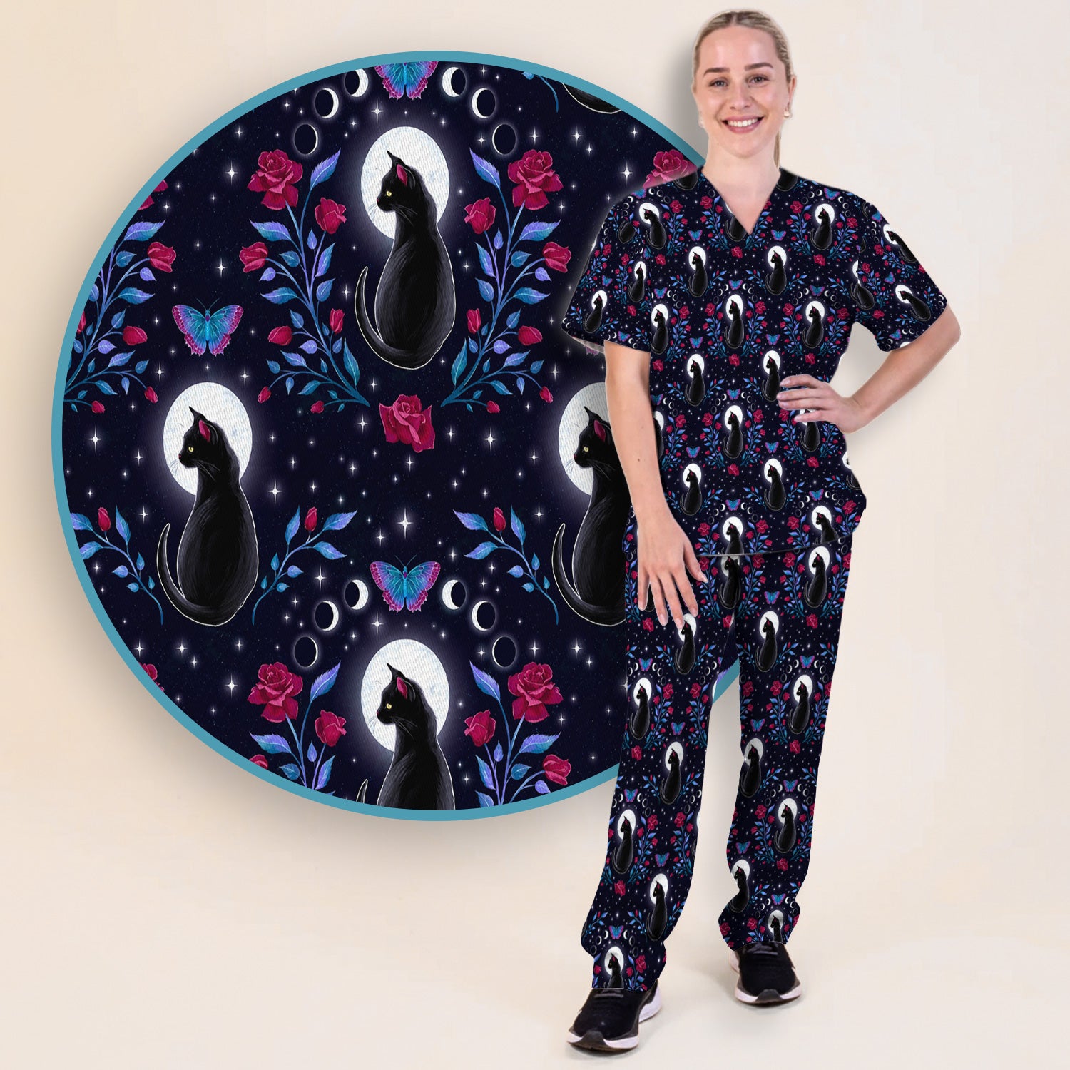 Black Cat Moon Rose Print Scrub Set, Scrub Pants and V Neck Top