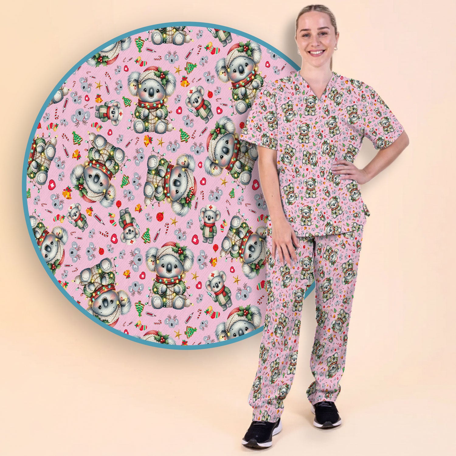 Aussie Koala Nurse Scrub Set - Cute Christmas Medical Uniform - Funny Holiday Animal Scrubs Pants and V Neck Top for Women