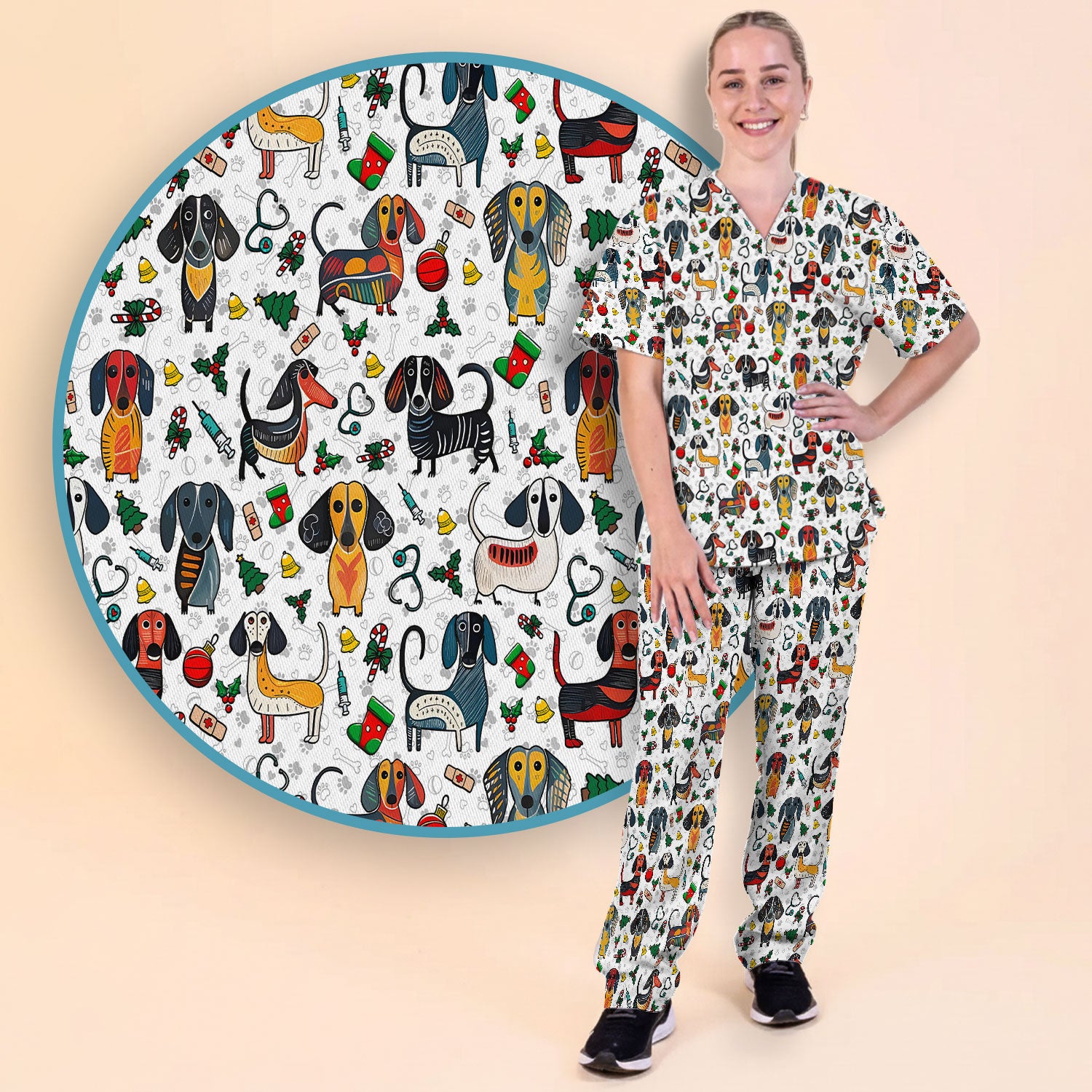 Dachshund Christmas Scrub Set - Cute Wiener Dog Pants and V Neck Top - Holiday Medical Uniform