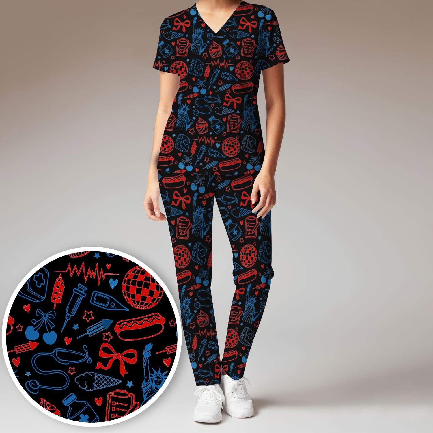 Patriotic Nurse Medical Icons Pattern Scrub Set, Scrub Pants and V Neck Top