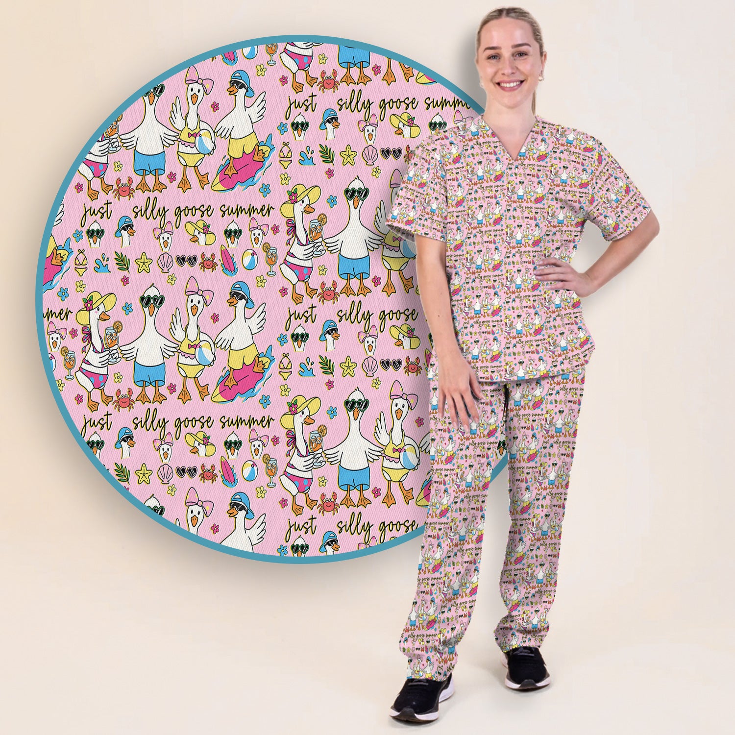 Silly Goose Summer Pattern Scrub Top, Breathable Fabrics Nursing Uniform