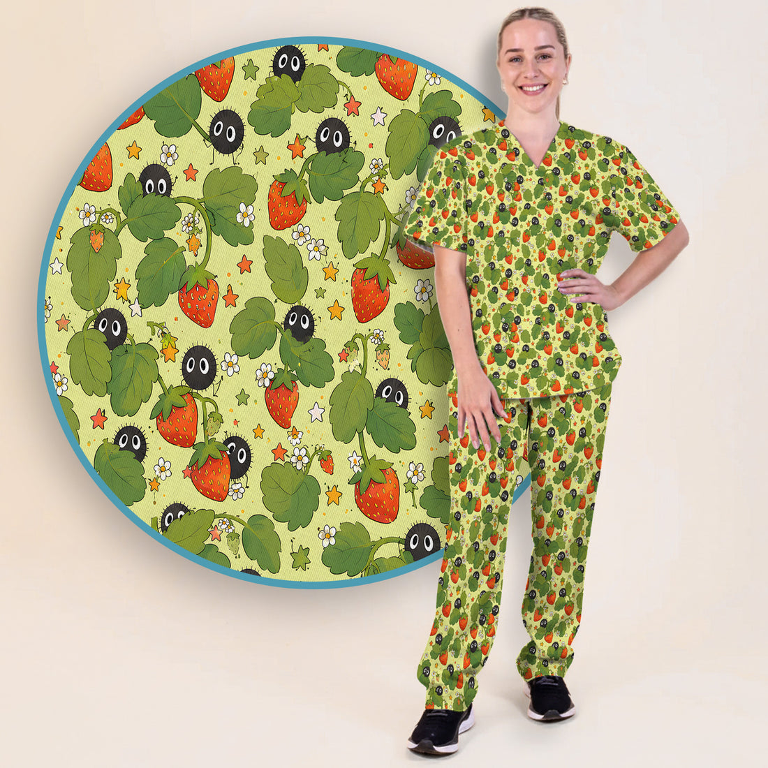 Cute Strawberry Soot Sprite Pattern Scrub Set, Scrub Pants and V Neck Top