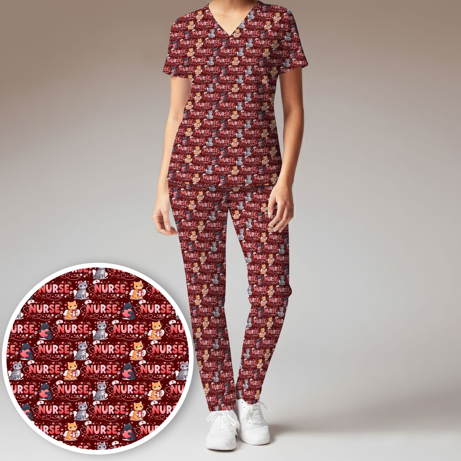 Nurse Cat Heart Pattern Valentine Scrub Set, Women's Scrub Sets V Neck Top