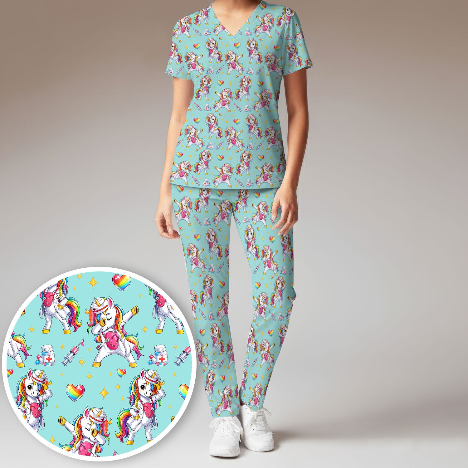 Playful Nurse Unicorn Rainbow Pattern Scrub Set, Breathable Med Uniform