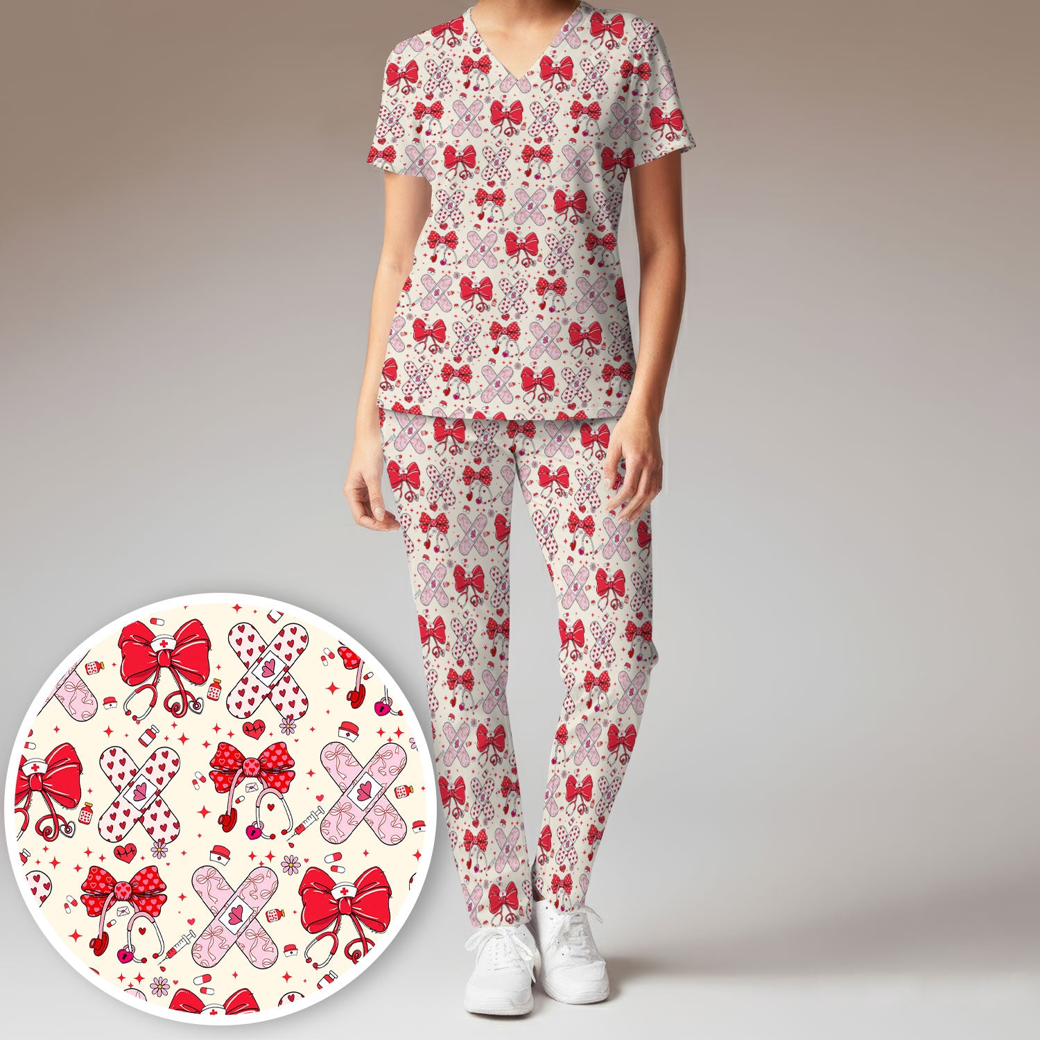 Valentine Nurse Scrub Set, Red Bow And Heart Bandage Pattern Medical Shirt, Breathable Fabrics Nursing Uniform