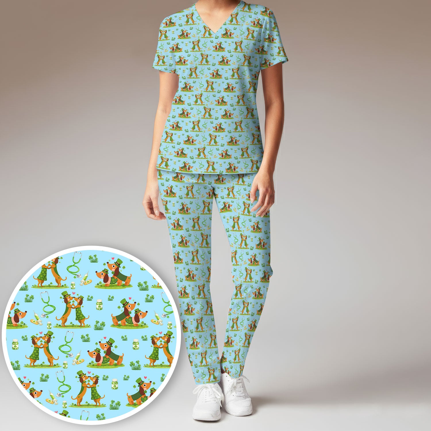 Valentine Cute Dachshund Nurse Set, Dog Heart Pattern, Breathable Nursing Uniform