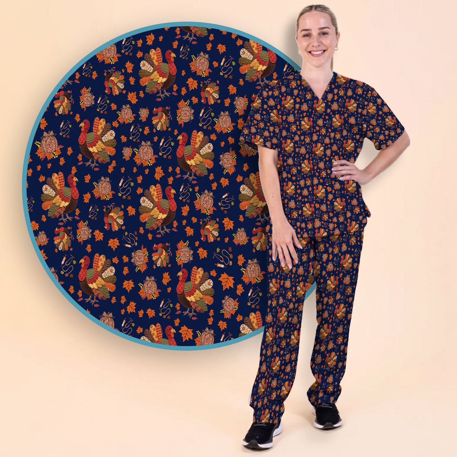 Fall Leaves Thanksgiving Women's Scrub Set - Comfortable Scrub Pants and V Neck Top - Funny Turkey Nursing Uniform