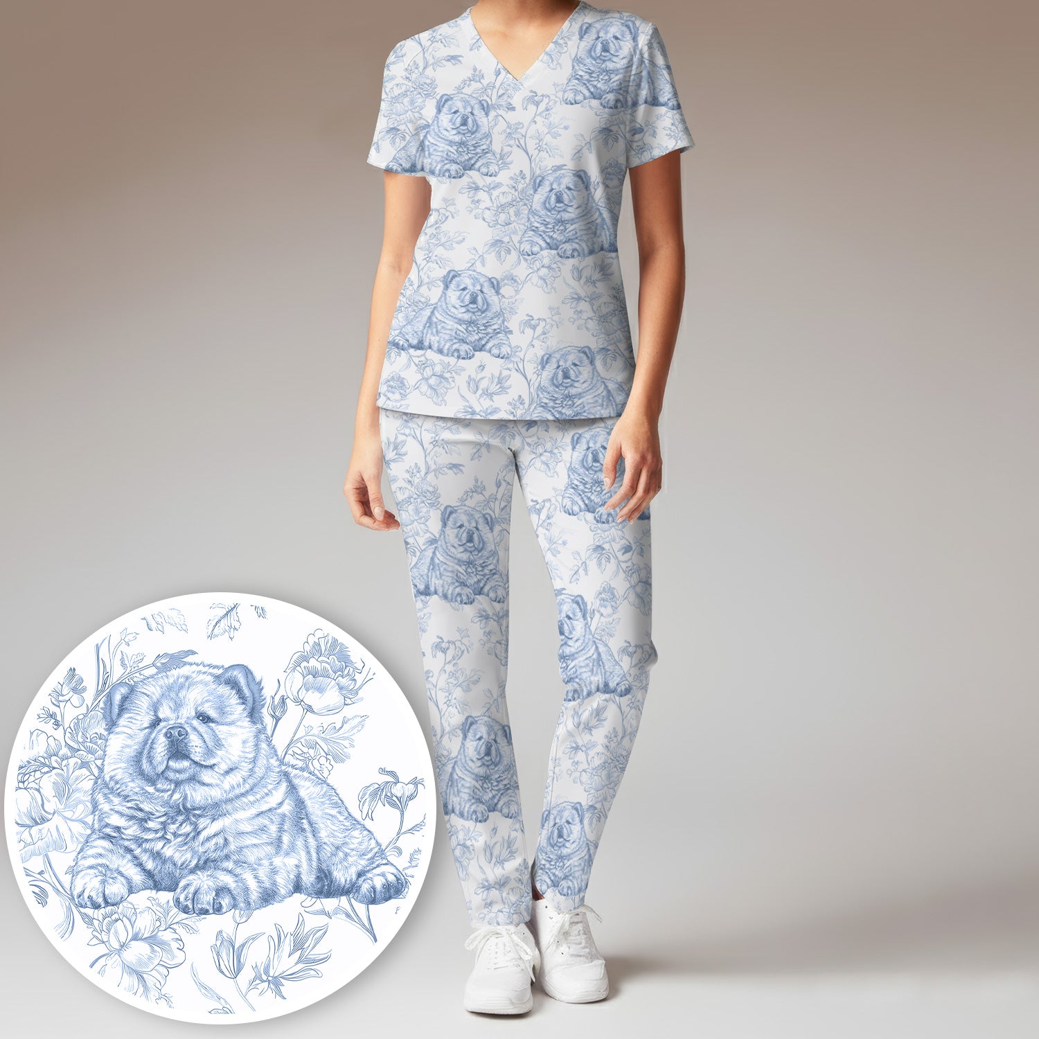 Custom Dog Cat Style Chinoiserie Pattern Scrubs Sets, Scrub Pants and V Neck Top