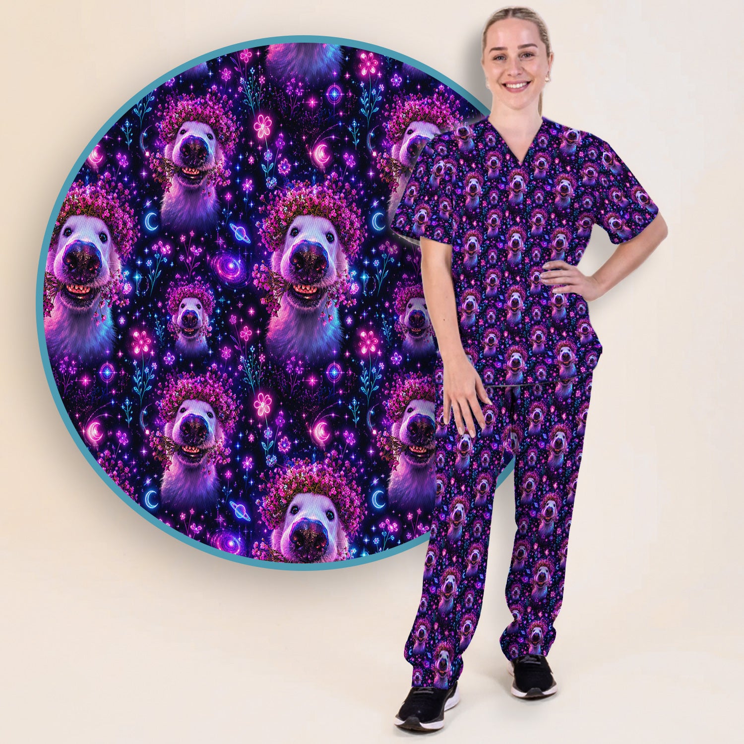 Galaxy Golden Retriever Pattern Scrub Set, Scrub Pants and V Neck Top