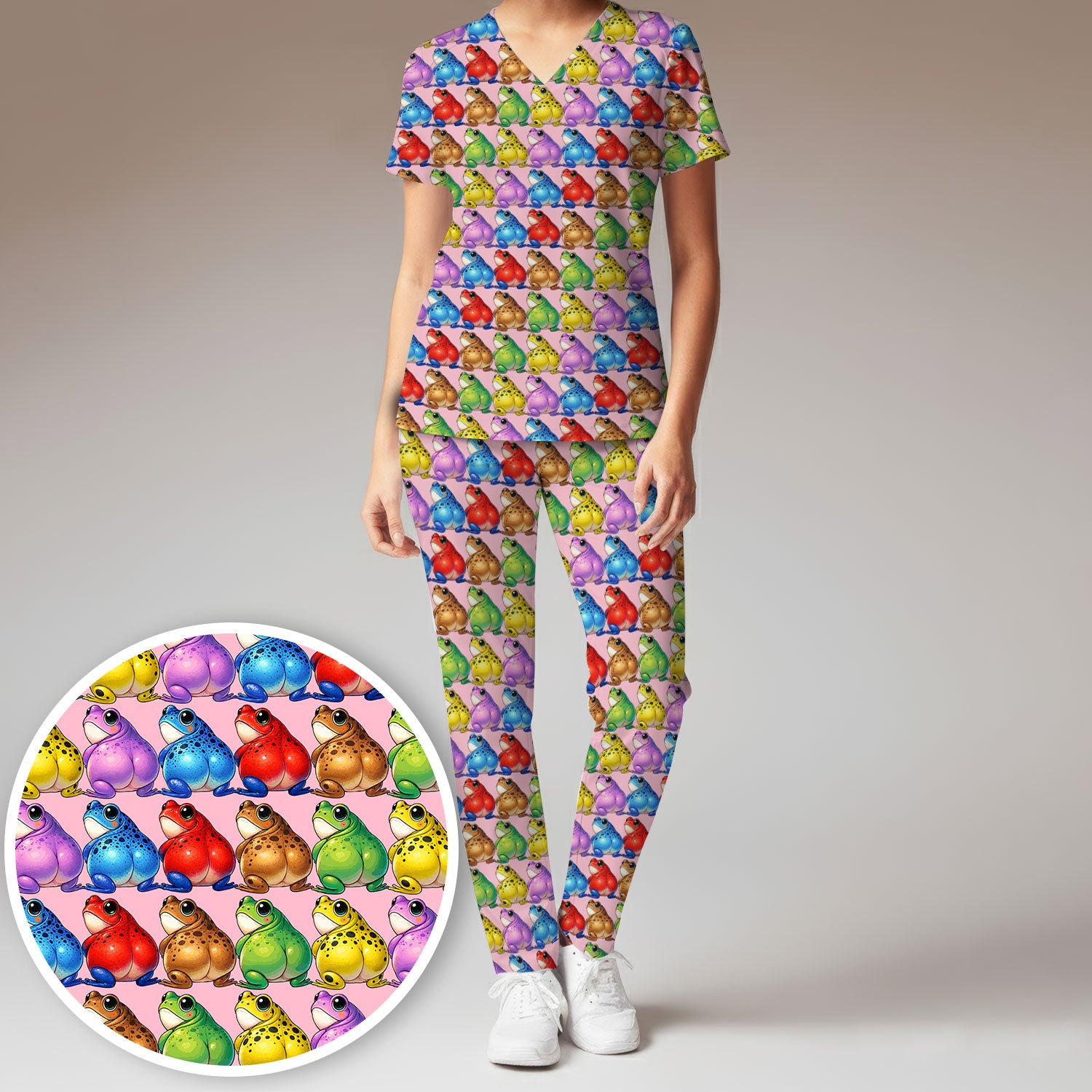 Funny Colorful Frogs Pattern Scrubs Sets, Scrub Pants and V Neck Top