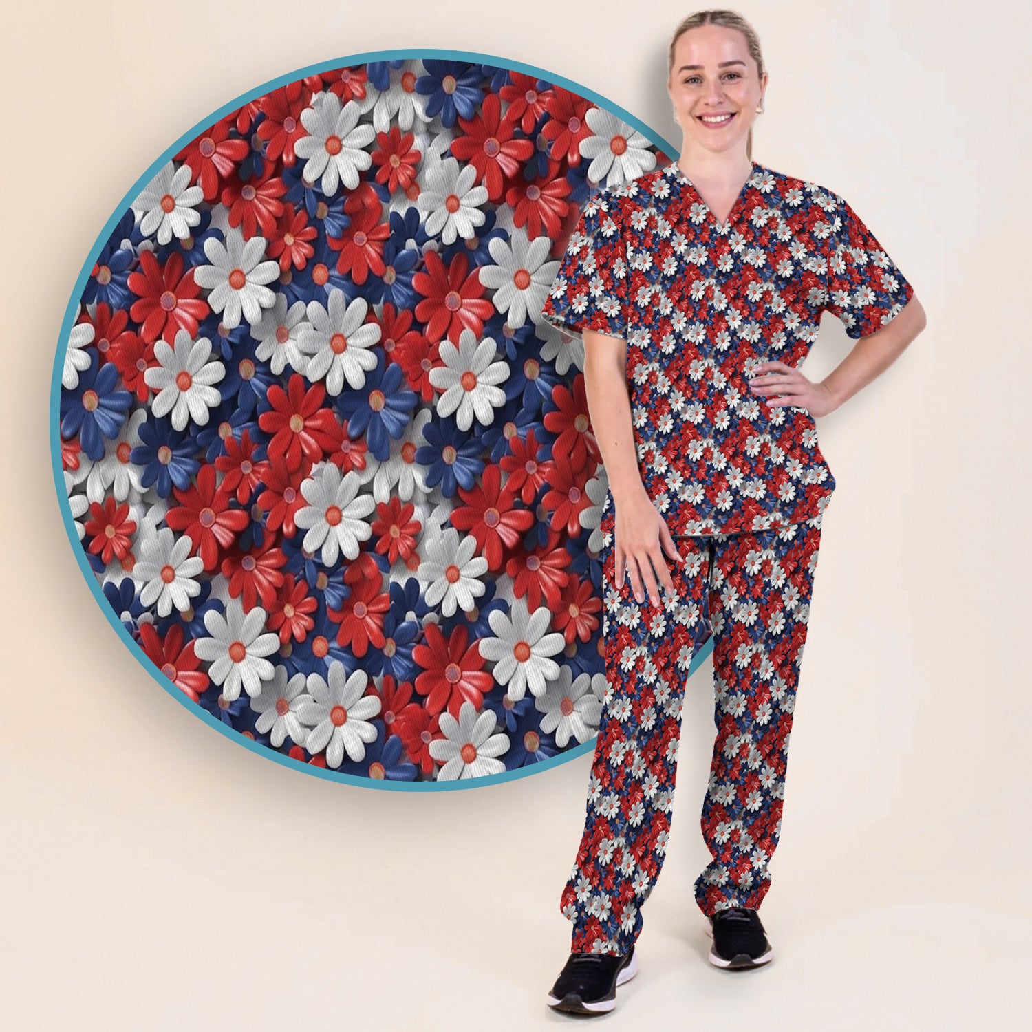 Festive Patriotic Daisy Bloom Pattern Scrub Set, Scrub Pants and V Neck Top