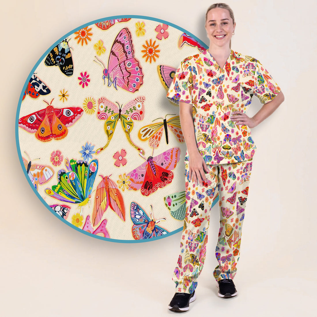 Colorful Butterfly Floral Pattern Scrub Set, Scrub Pants and V Neck Top