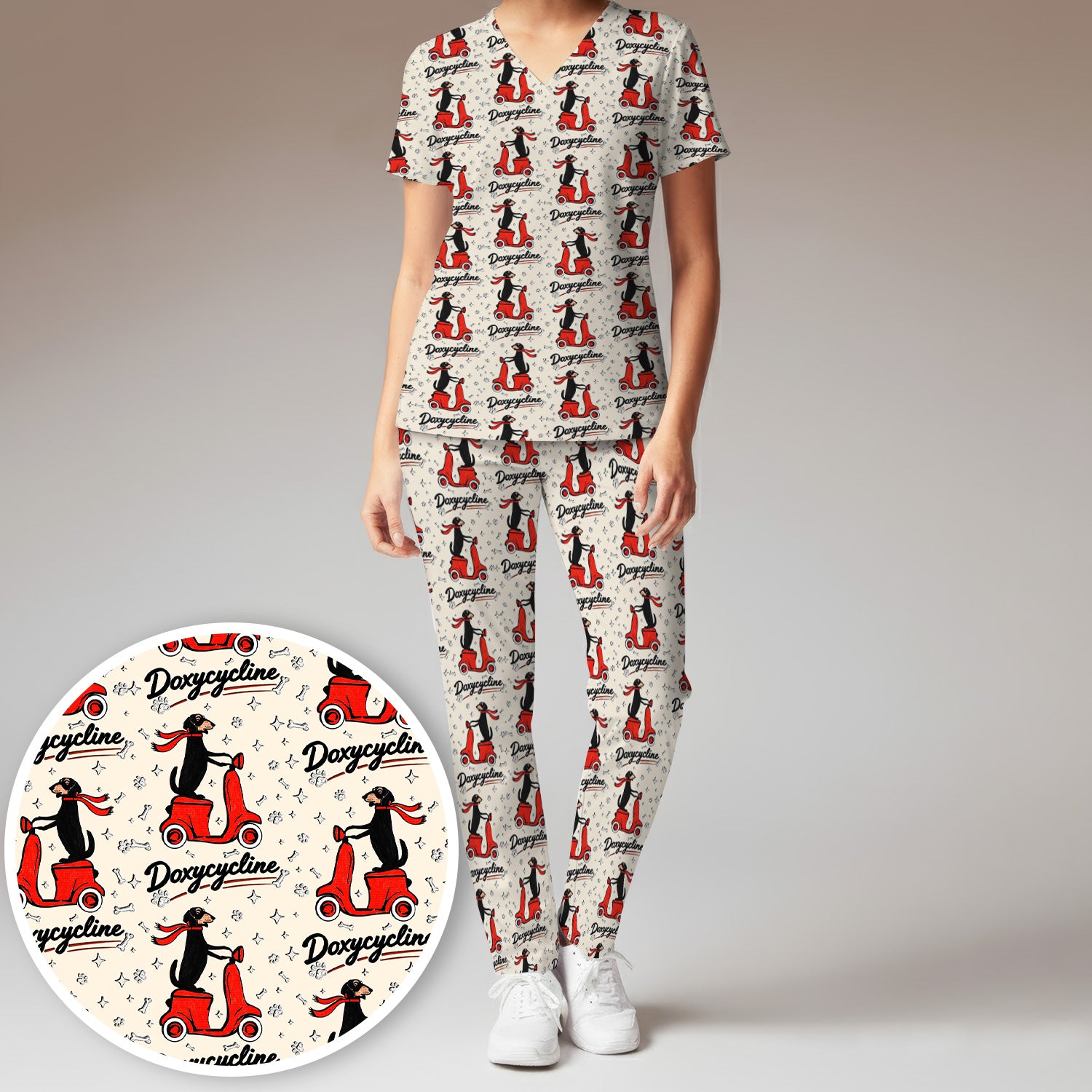 Funny Dachshund Riding Scooter Doxycycline Print Scrub Set, Breathable Med Uniform