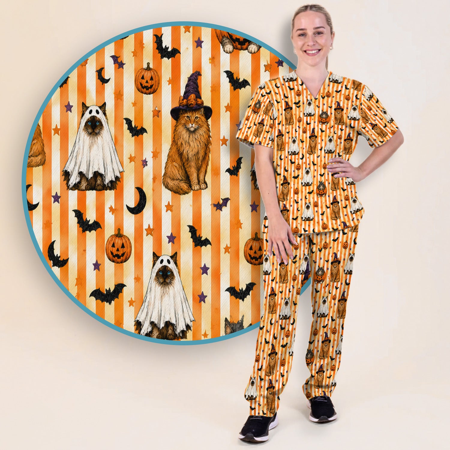 Halloween Cat Print Scrub Set, Scrub Pants and V Neck Top