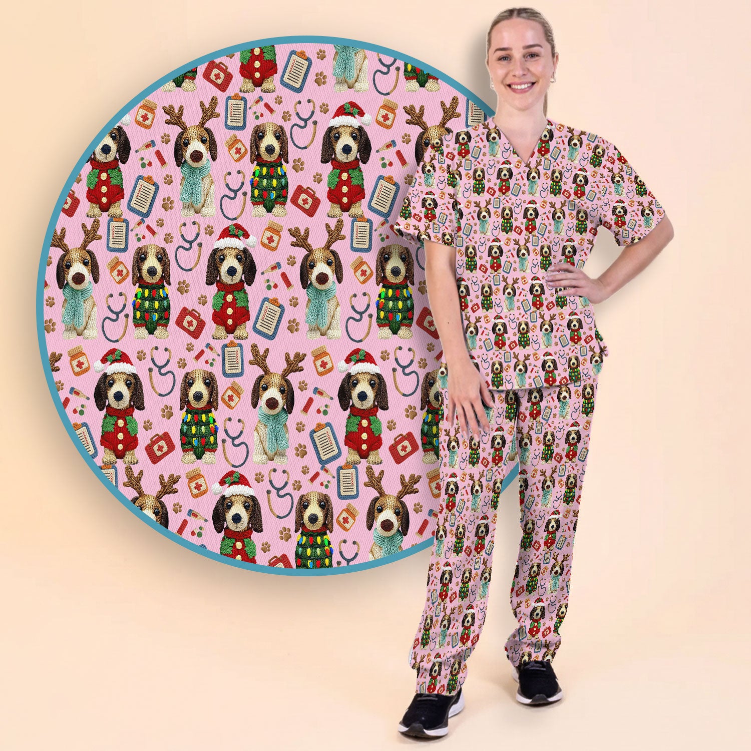 Christmas Wiener Dog Scrubs Set for Women - Cute Dachshund Christmas Scrub Pants and V Neck Top - Puppy Lover Medical Uniform Gift